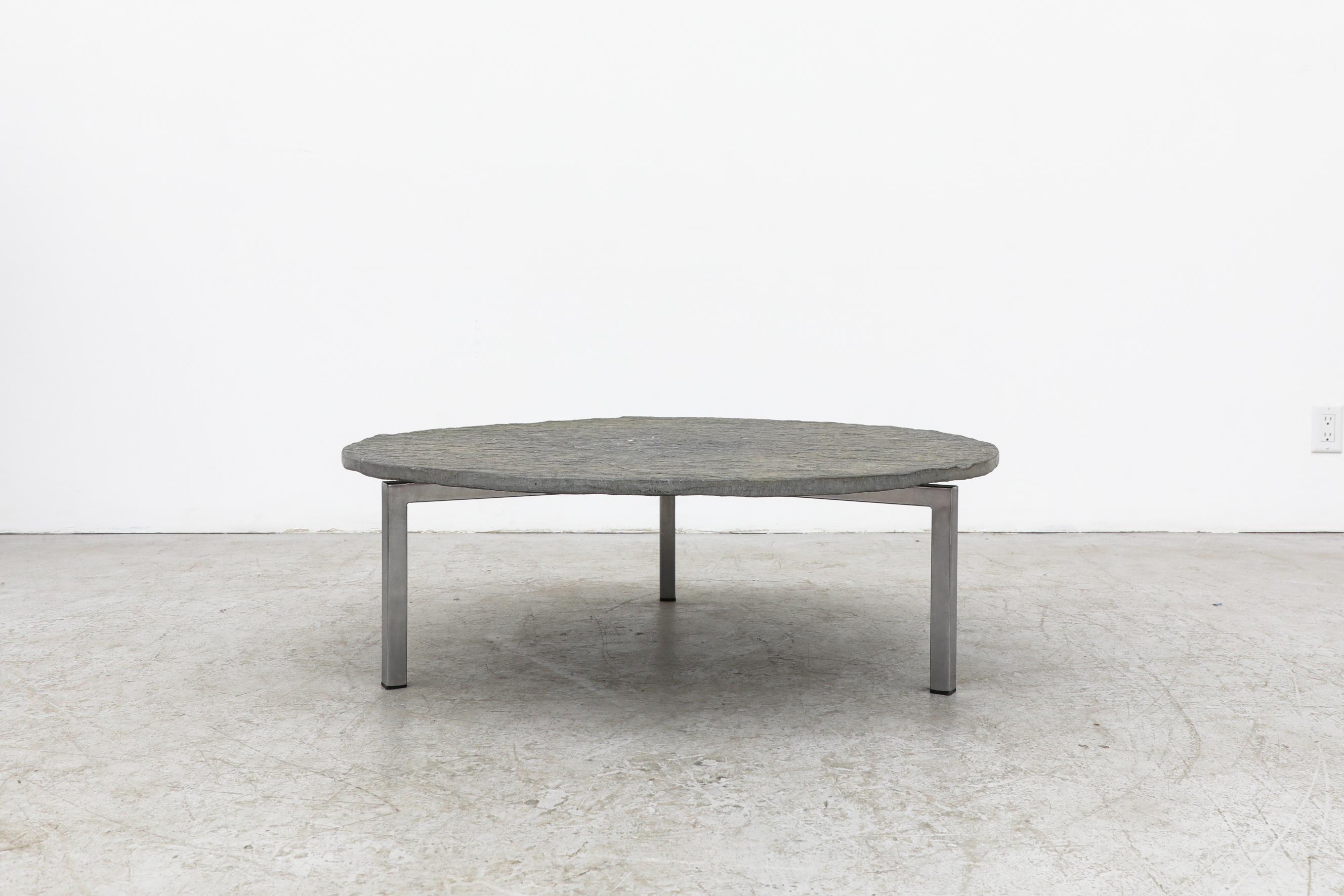 1970's Brutalist Round Stone Coffee Table with Chrome Tripod Base In Good Condition In Los Angeles, CA
