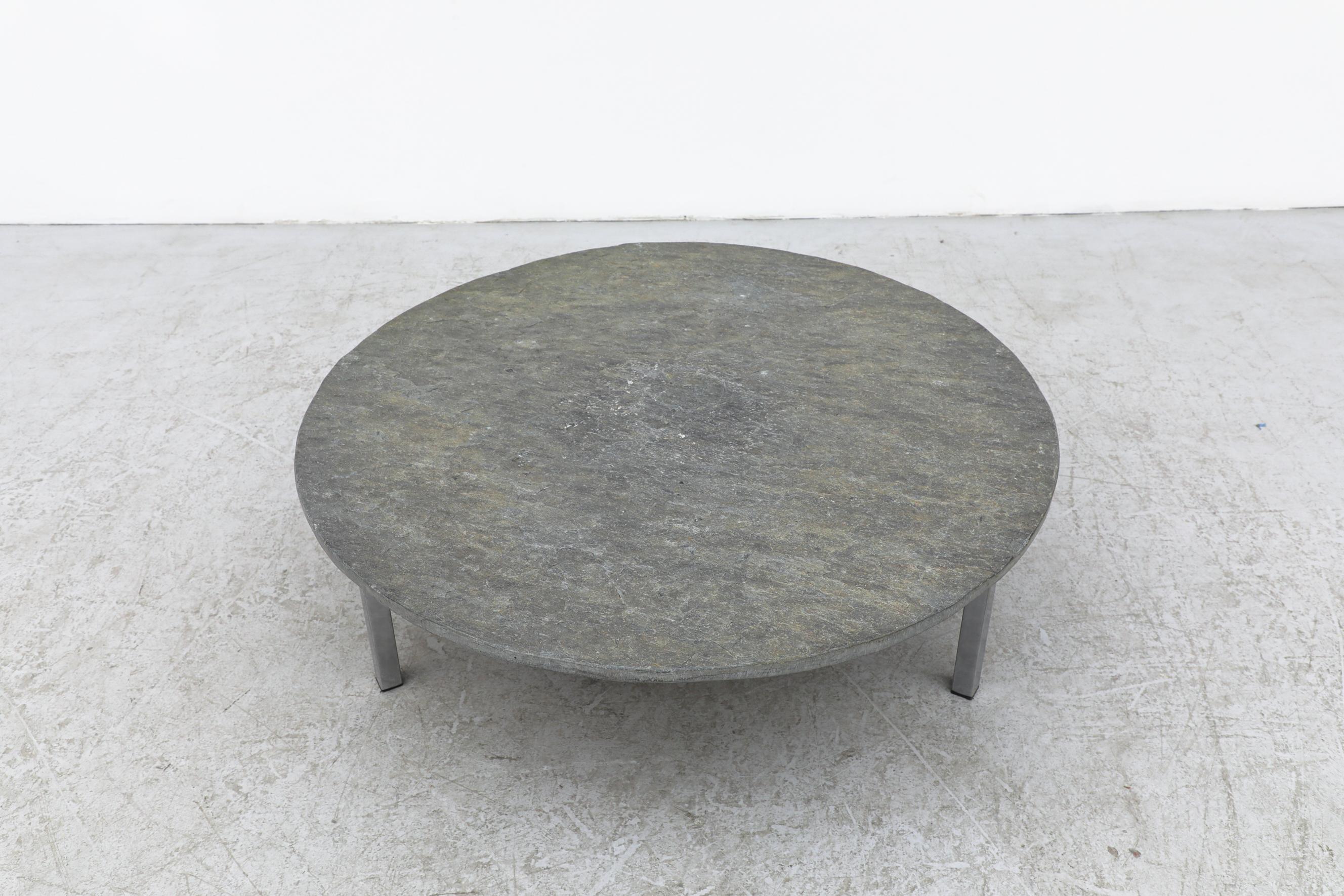 Late 20th Century 1970's Brutalist Round Stone Coffee Table with Chrome Tripod Base