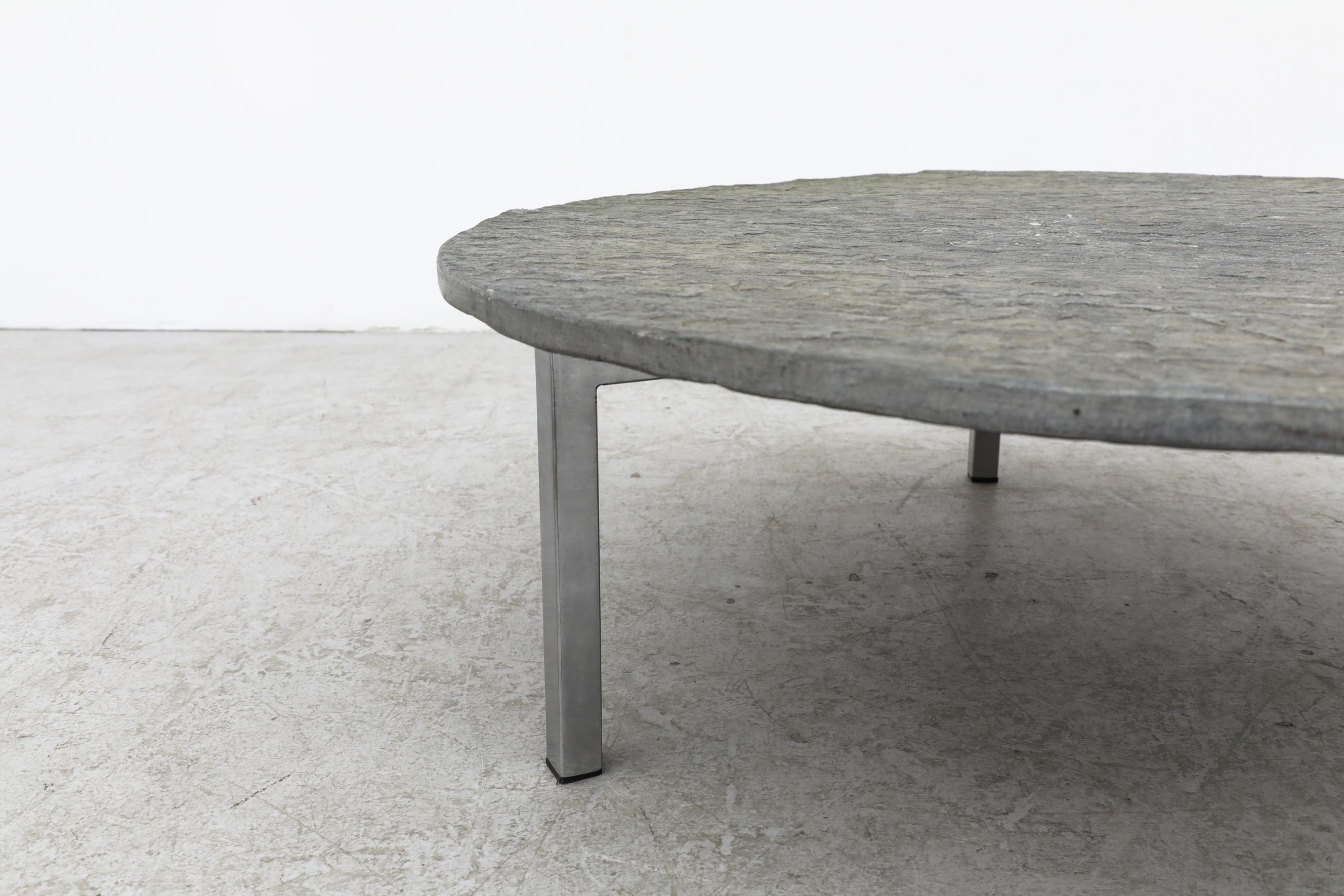 1970's Brutalist Round Stone Coffee Table with Chrome Tripod Base 2