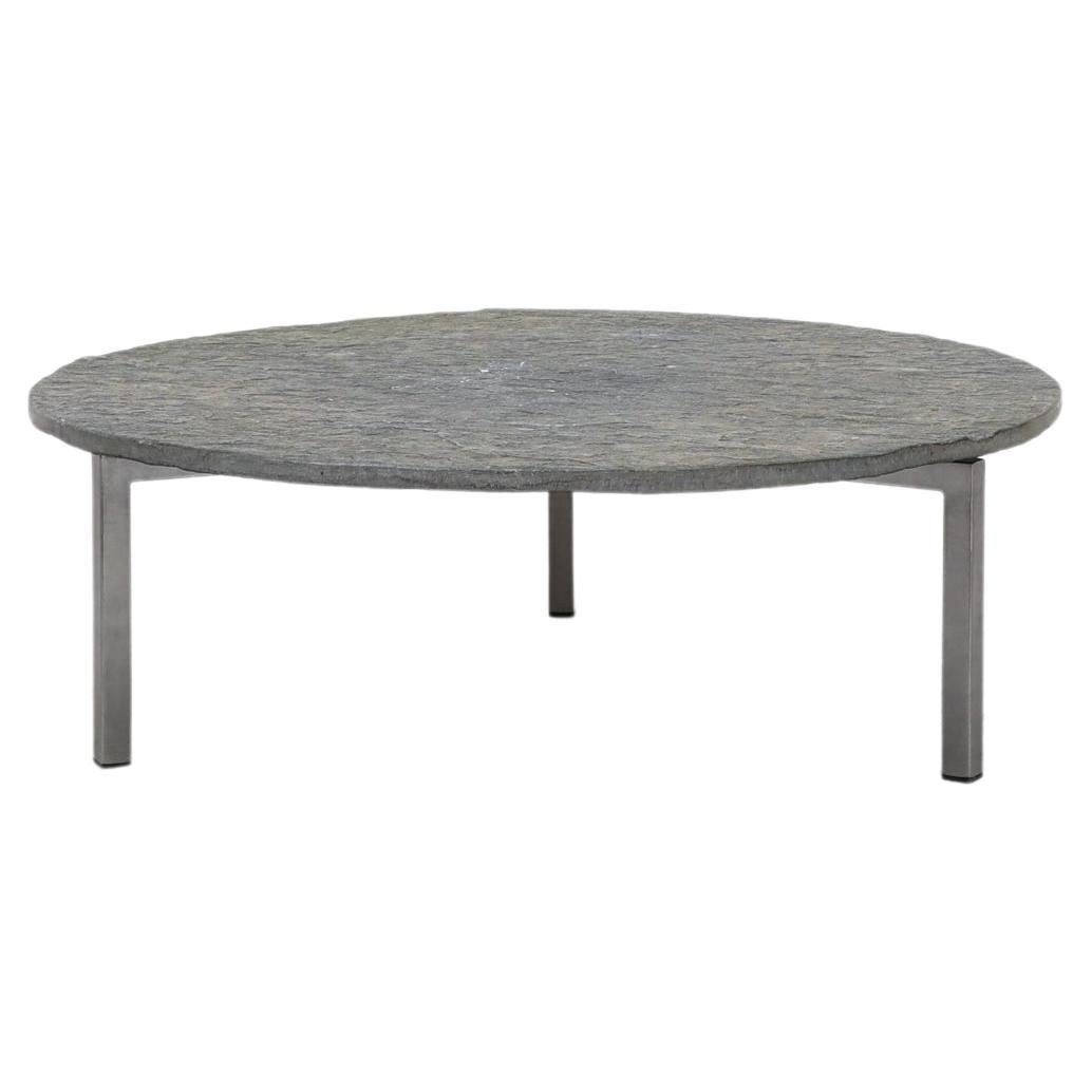 1970's Brutalist Round Stone Coffee Table with Chrome Tripod Base