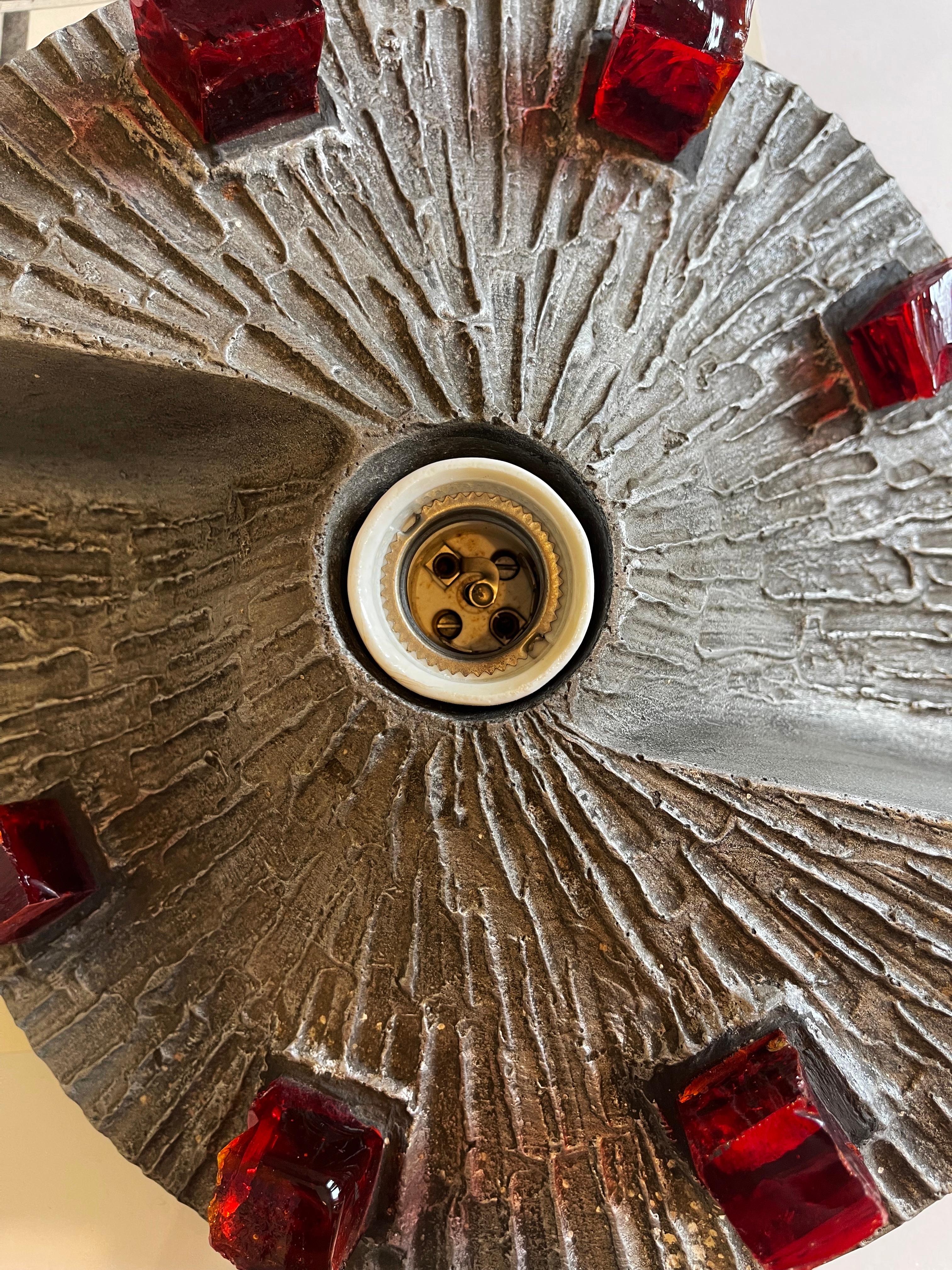 1970s Brutalist Sconce or Ceiling Lamp, Metal Twirl & Ruby Red Glass, Germany For Sale 5