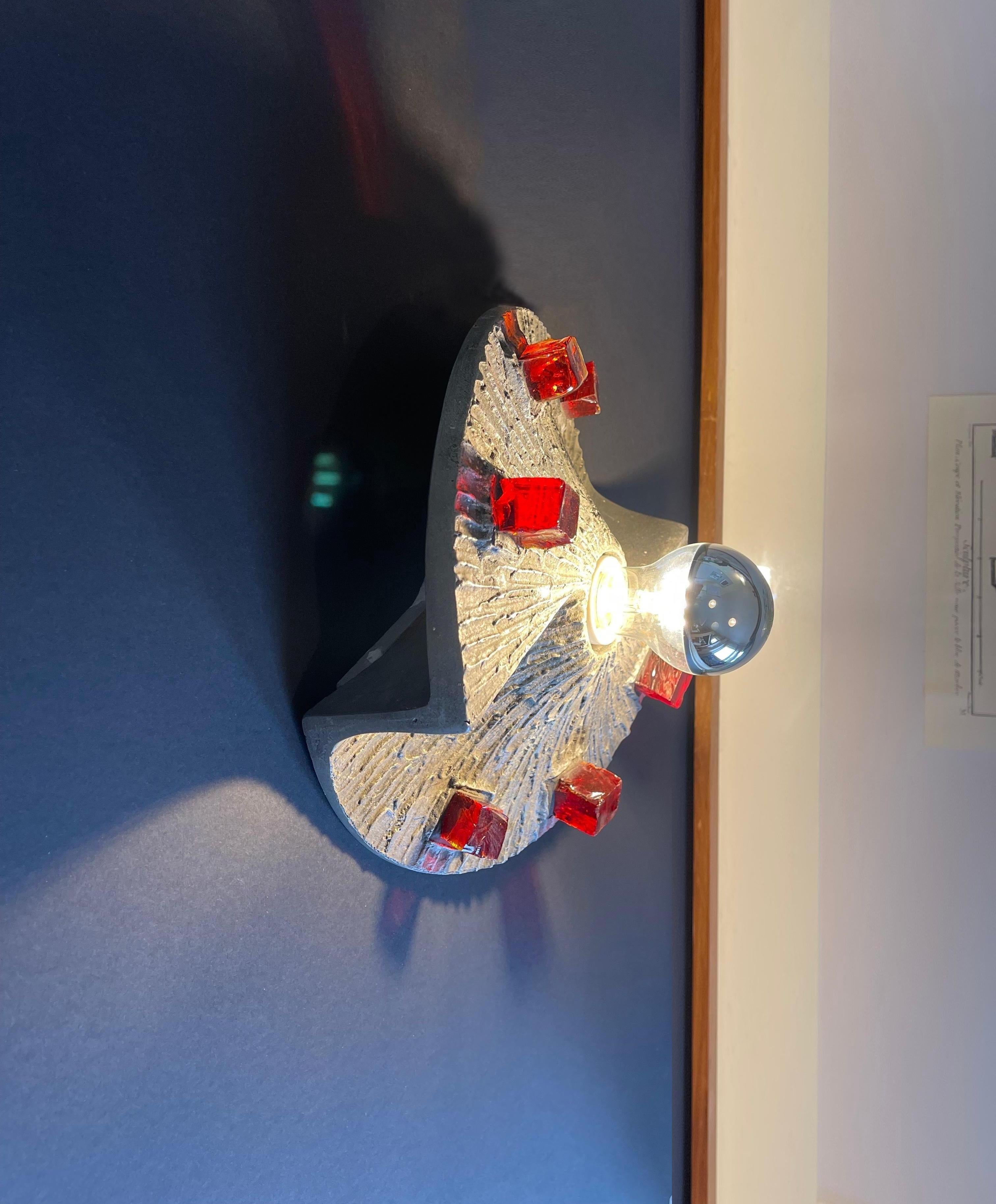 Hand-Crafted 1970s Brutalist Sconce or Ceiling Lamp, Metal Twirl & Ruby Red Glass, Germany For Sale