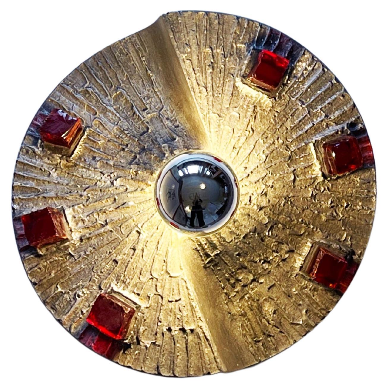 1970s Brutalist Sconce or Ceiling Lamp, Metal Twirl & Ruby Red Glass, Germany In Good Condition For Sale In Andernach, DE
