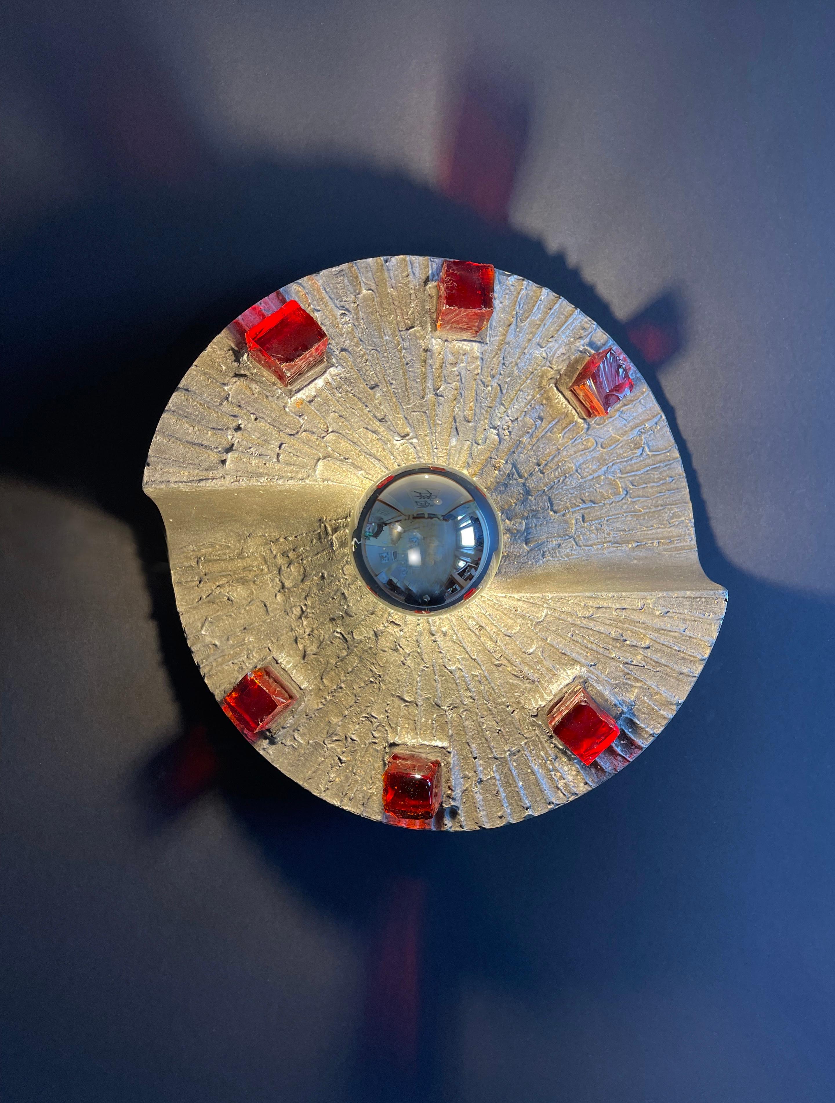 20th Century 1970s Brutalist Sconce or Ceiling Lamp, Metal Twirl & Ruby Red Glass, Germany For Sale