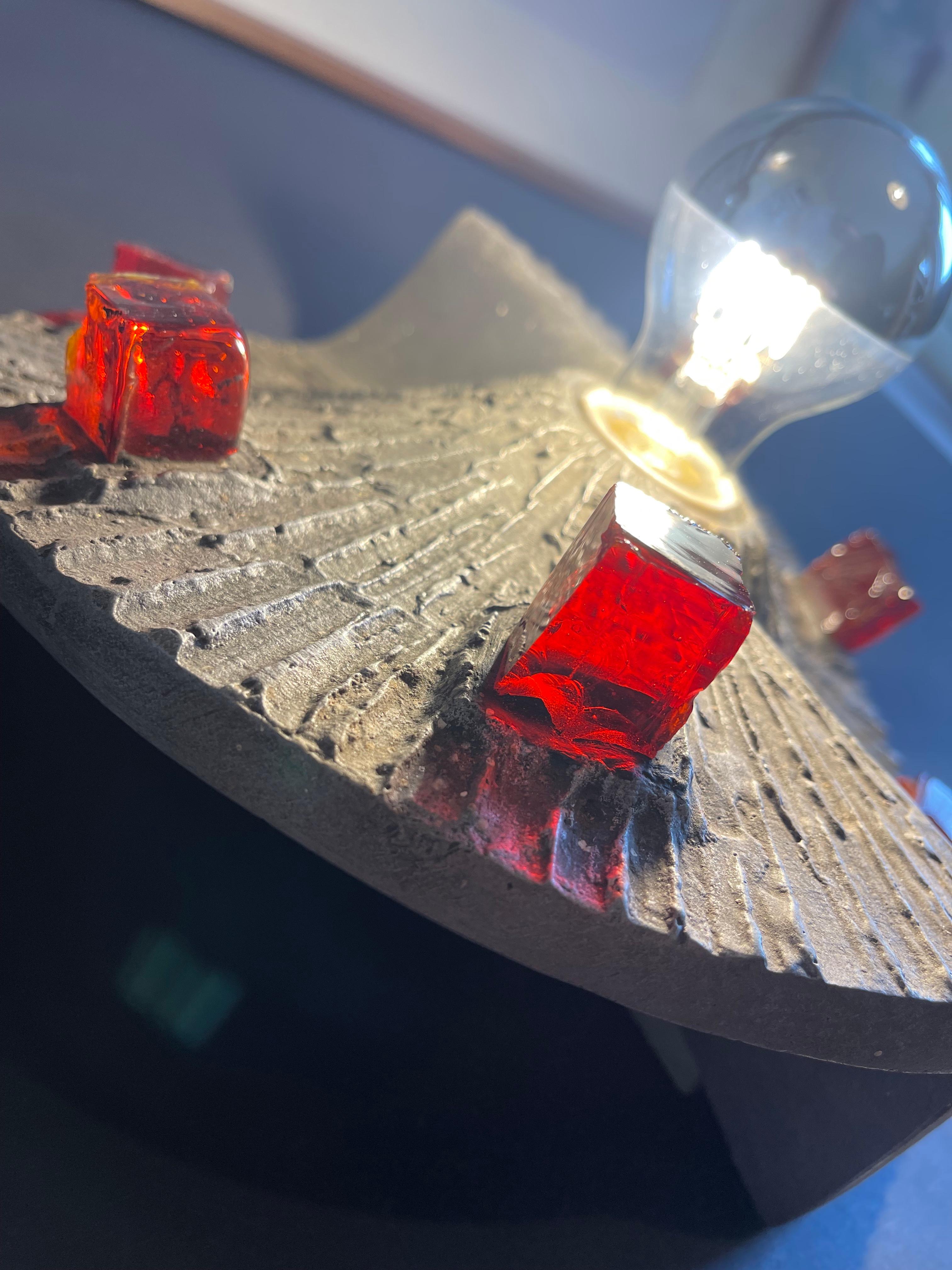 1970s Brutalist Sconce or Ceiling Lamp, Metal Twirl & Ruby Red Glass, Germany For Sale 1