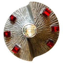 Vintage 1970s Brutalist Sconce or Ceiling Lamp, Metal Twirl & Ruby Red Glass, Germany