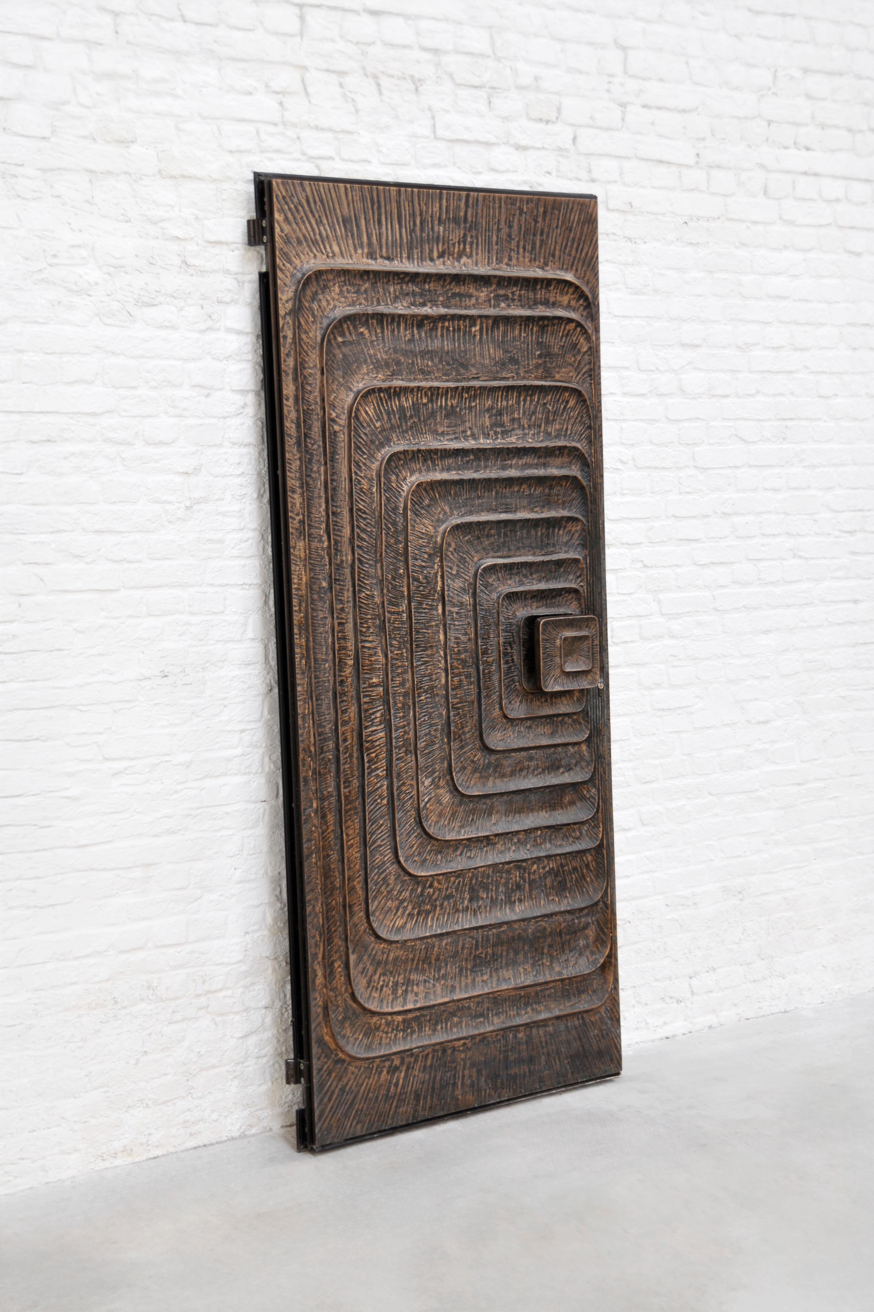European 1970s Brutalist Sculptural Metal Door with Geometric Relief