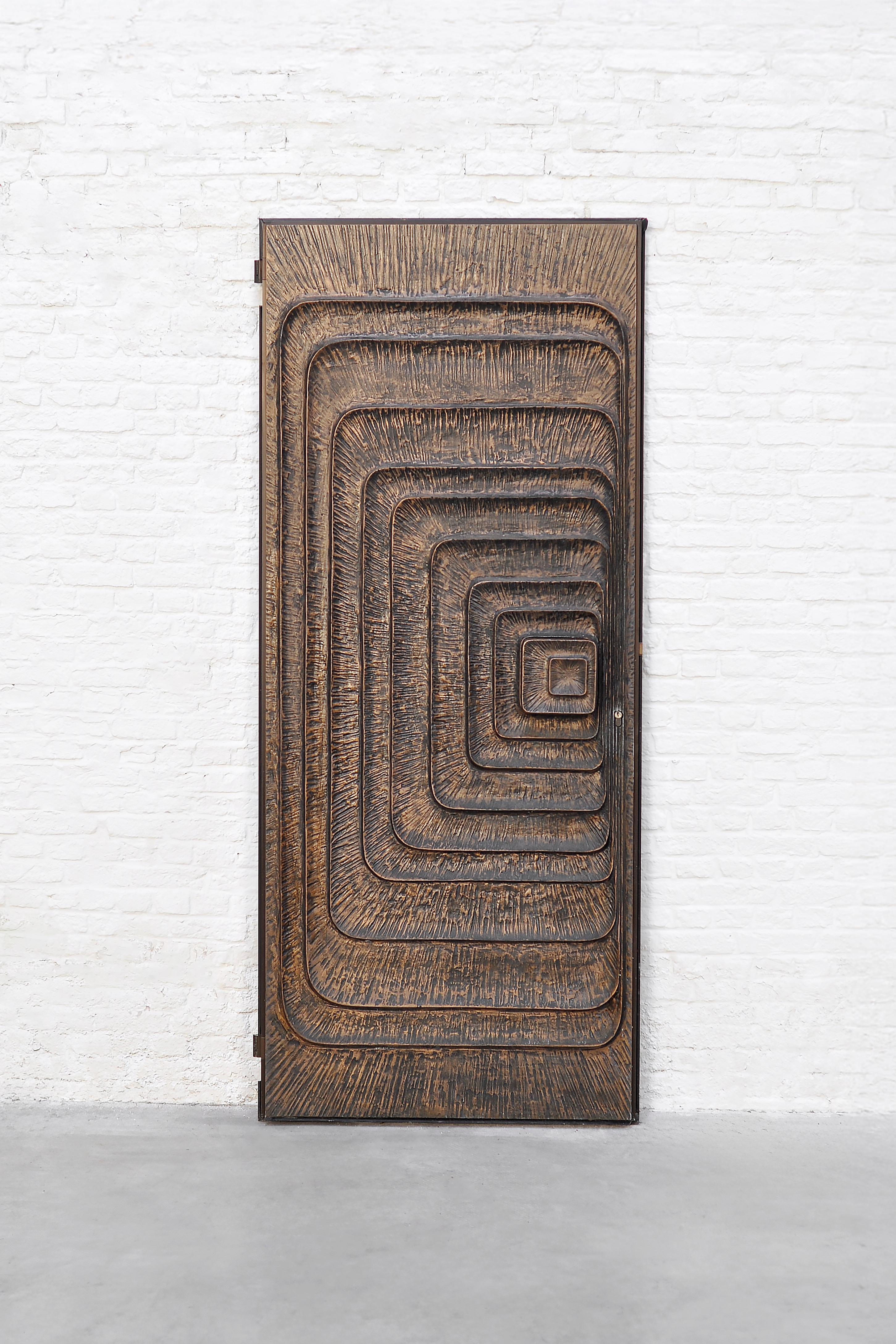 1970s Brutalist Sculptural Metal Door with Geometric Relief In Good Condition In Antwerp, Antwerp