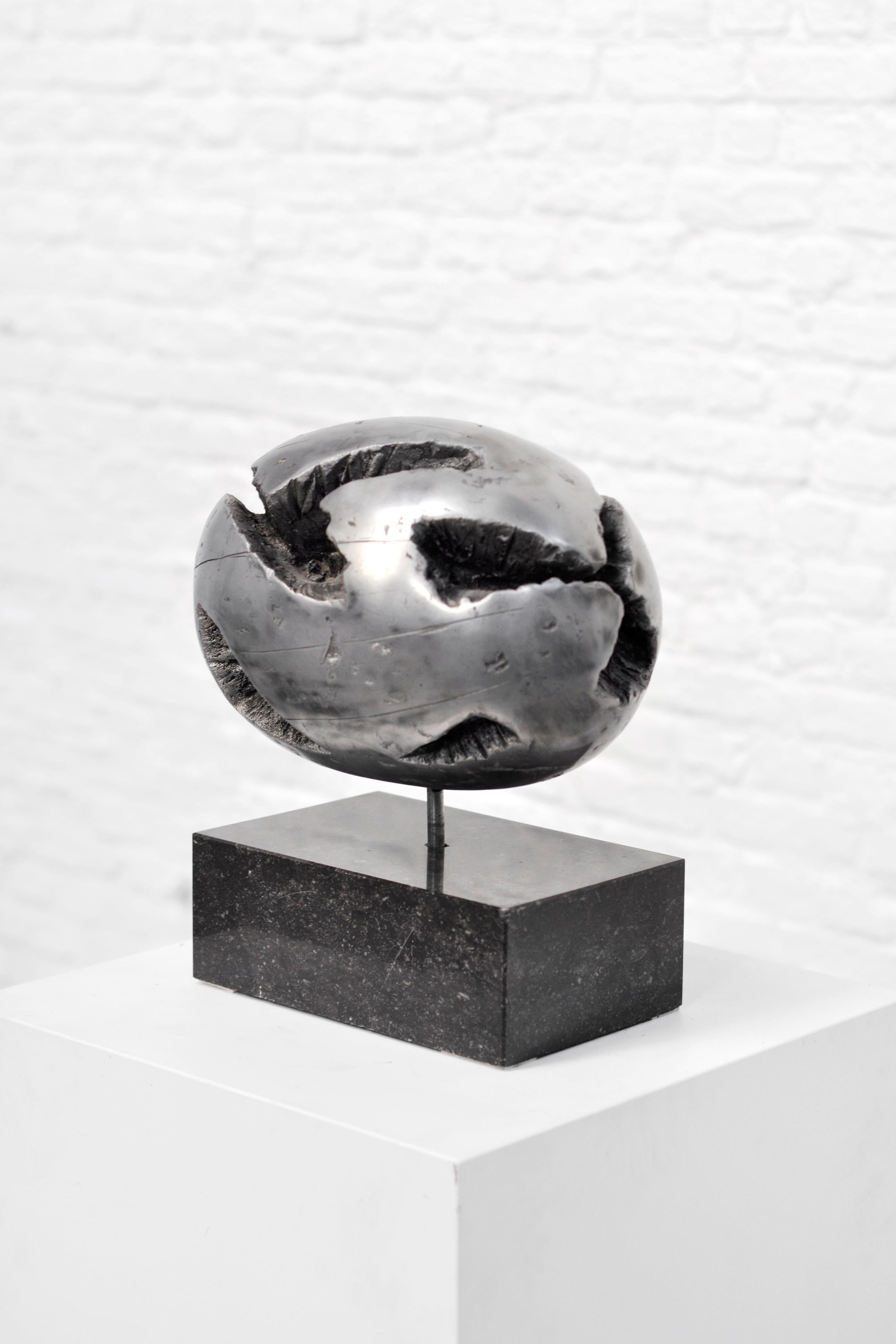 European 1970's Brutalist Spherical Metal Sculpture On Granite Base