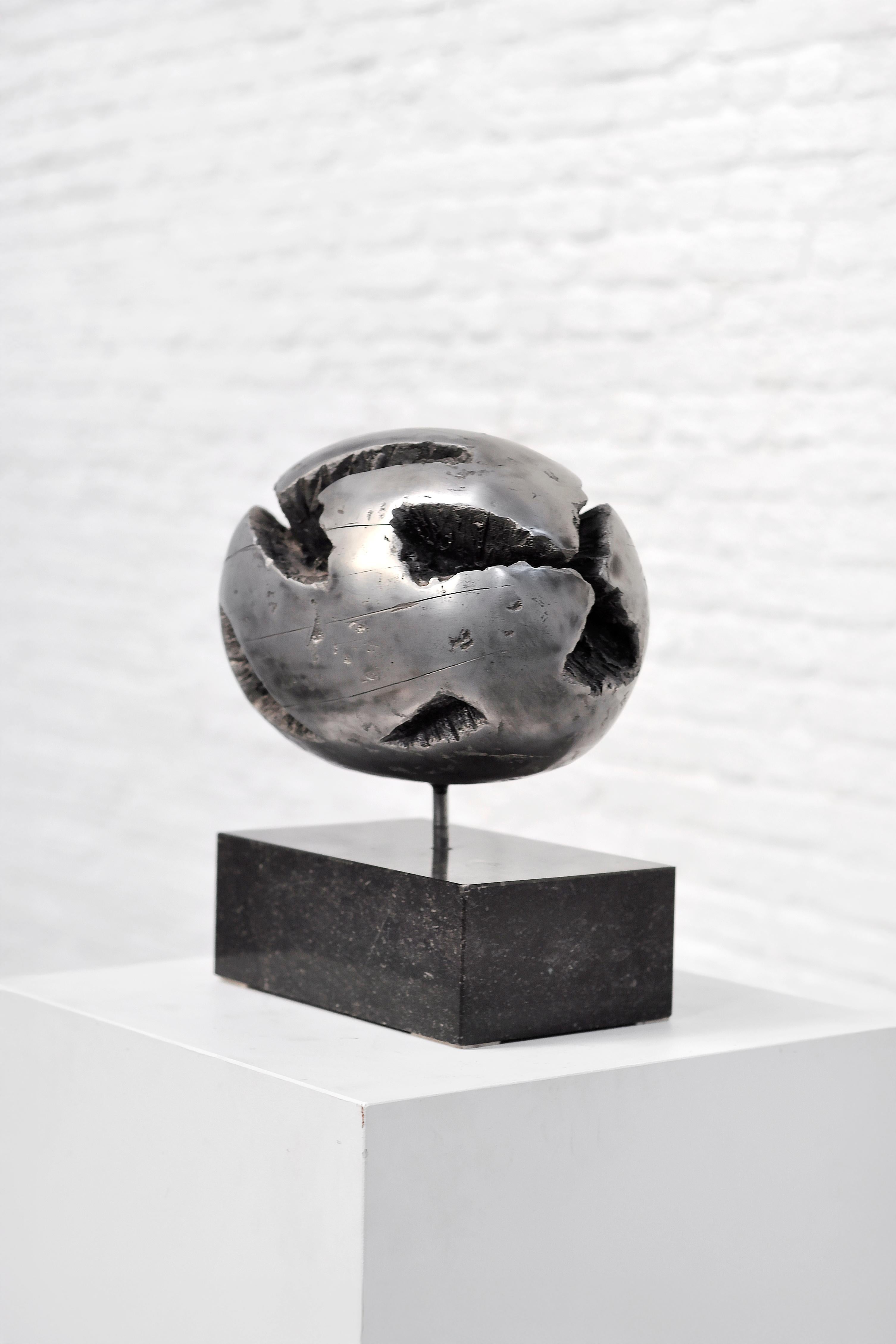 1970's Brutalist Spherical Metal Sculpture On Granite Base 2