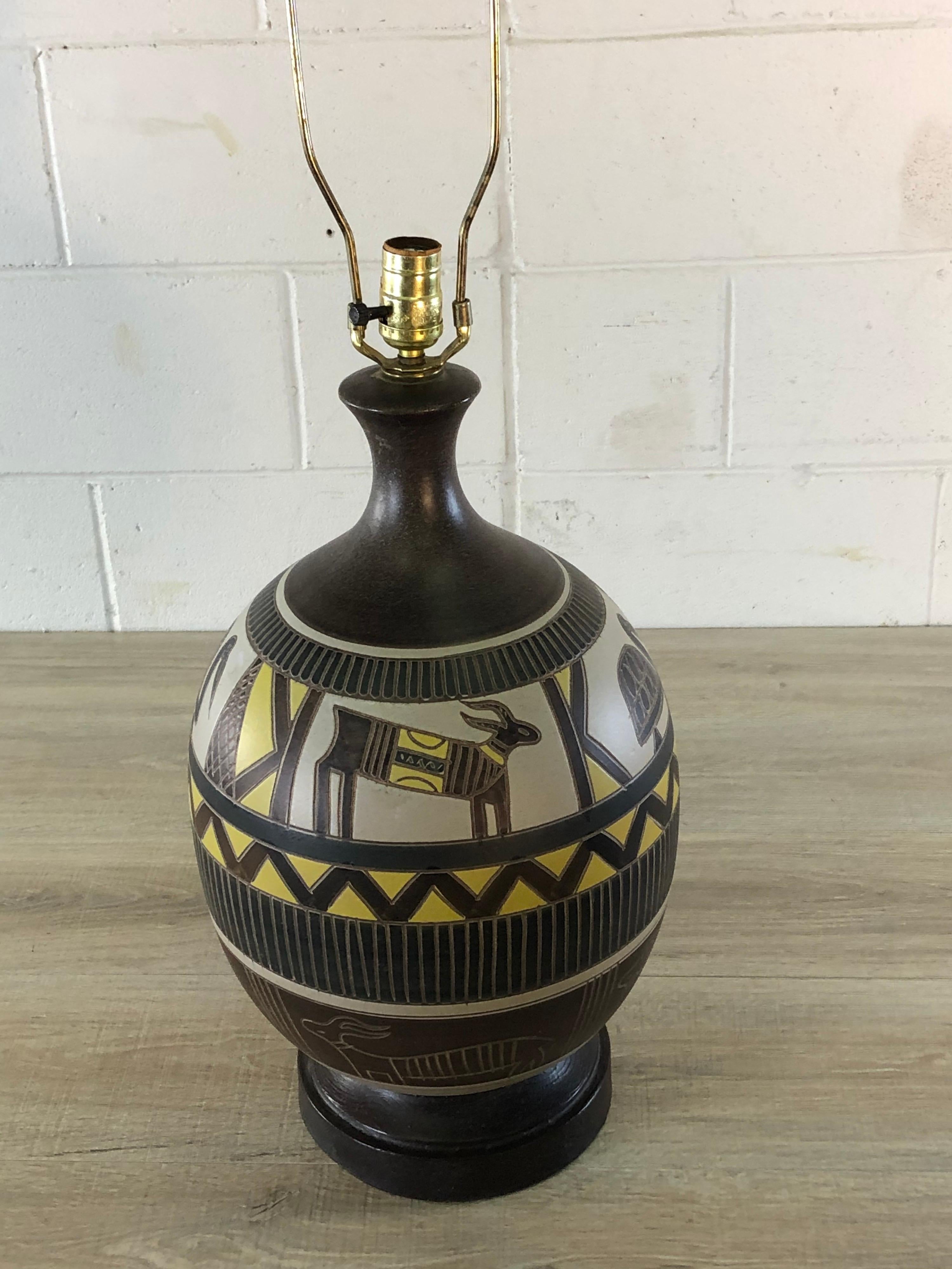 1970s Brutalist Style Aztec Ceramic Table Lamp In Good Condition For Sale In Amherst, NH