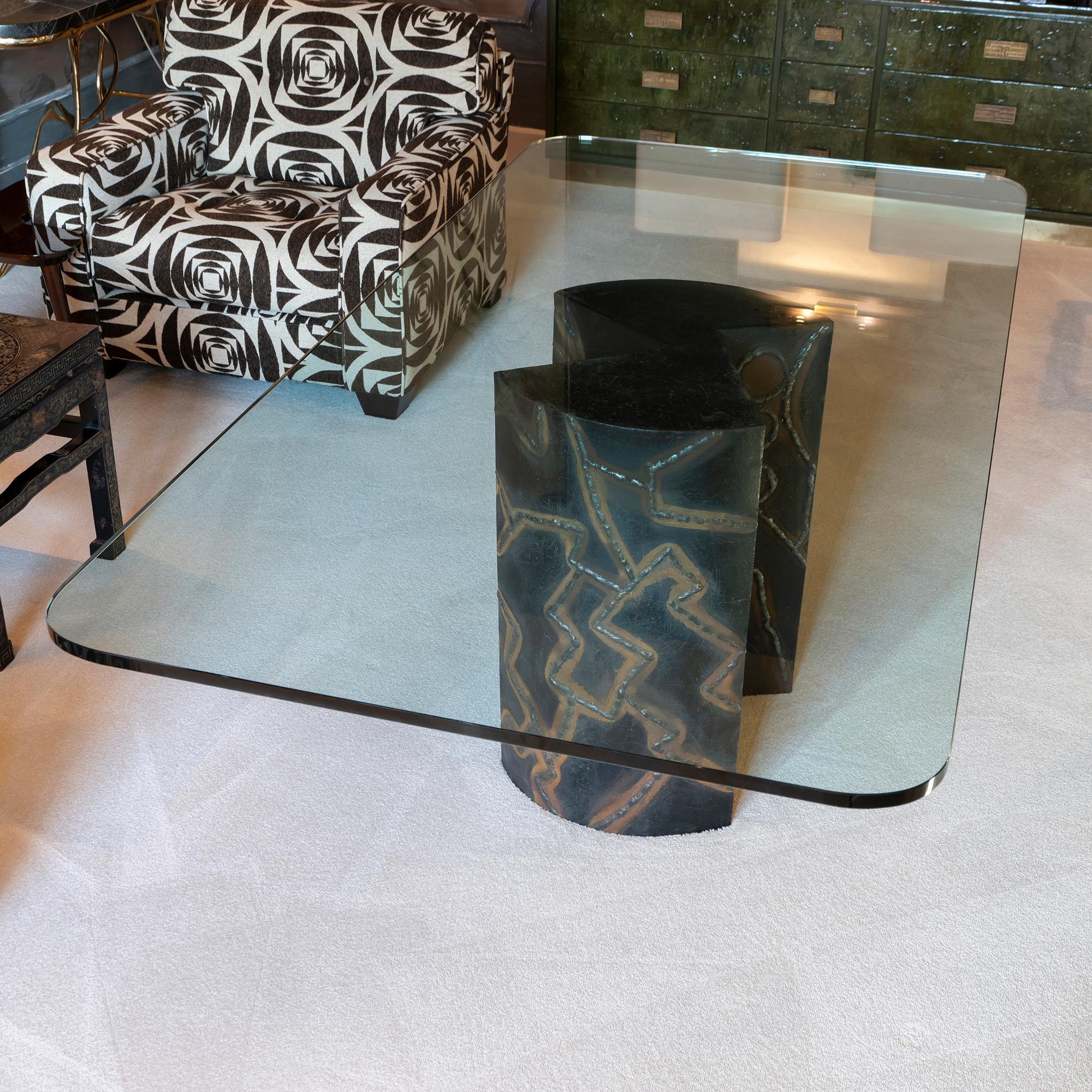 Dining or center table with Brutalist style base and tribal decor in perfect vintage condition, rectangular original tempered glass top with rounded edges, Italy, circa 1970s.