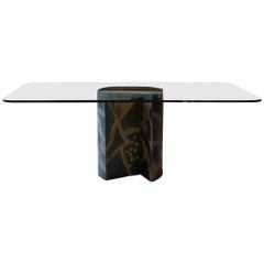 1970s Brutalist Style Italian Table, Steel Base and Tempered Glass Top