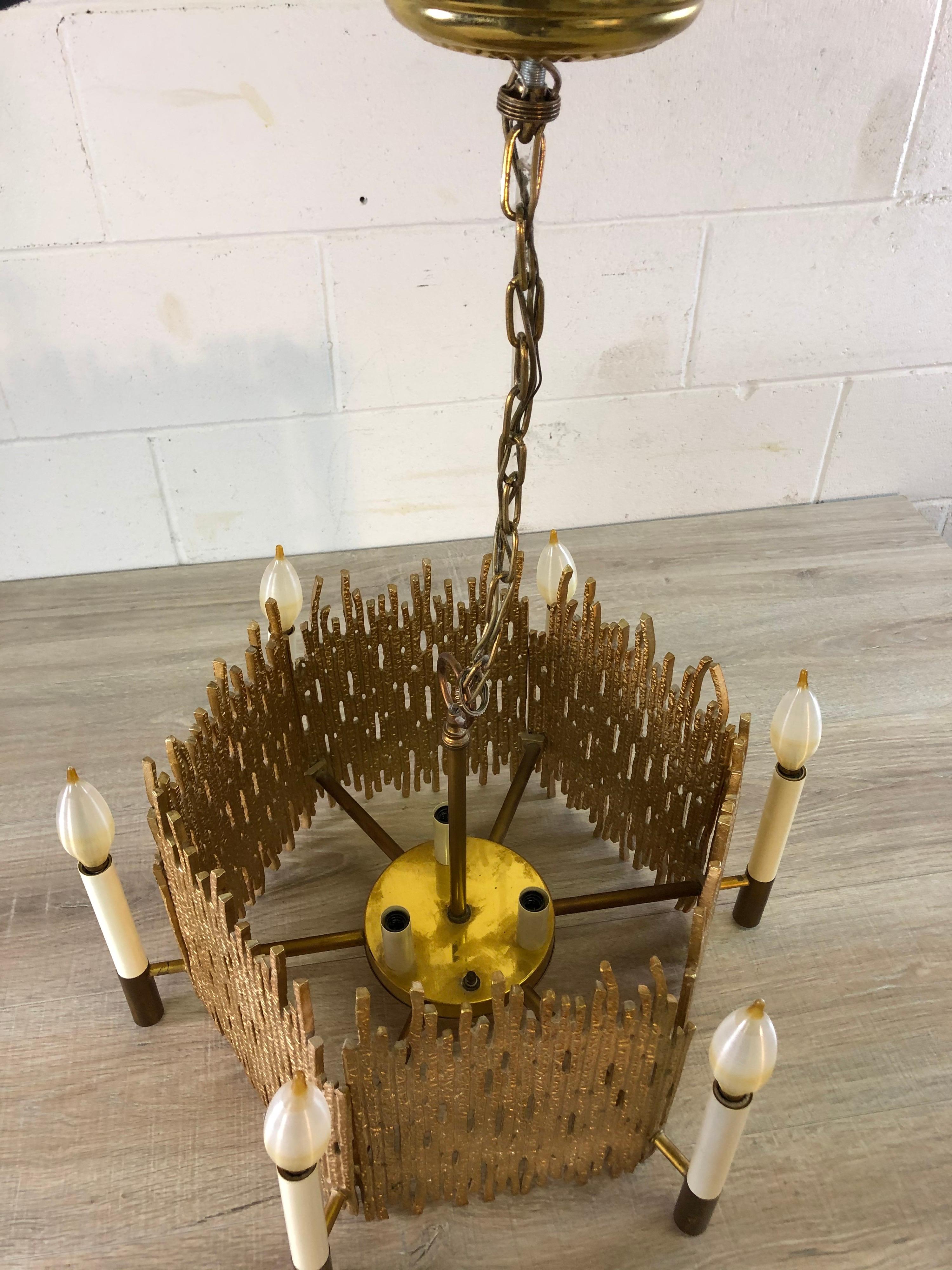 1970s Brutalist Style Metal Chandelier In Good Condition For Sale In Amherst, NH