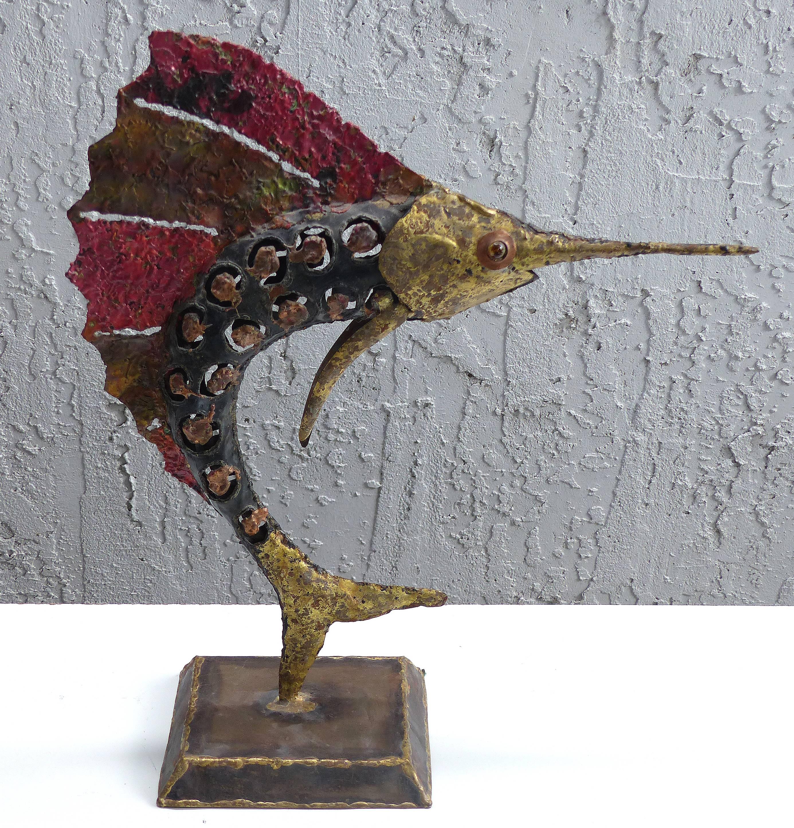 Patinated 1970s Brutalist Torch-Cut Brass Sailfish and Fish Sculptures