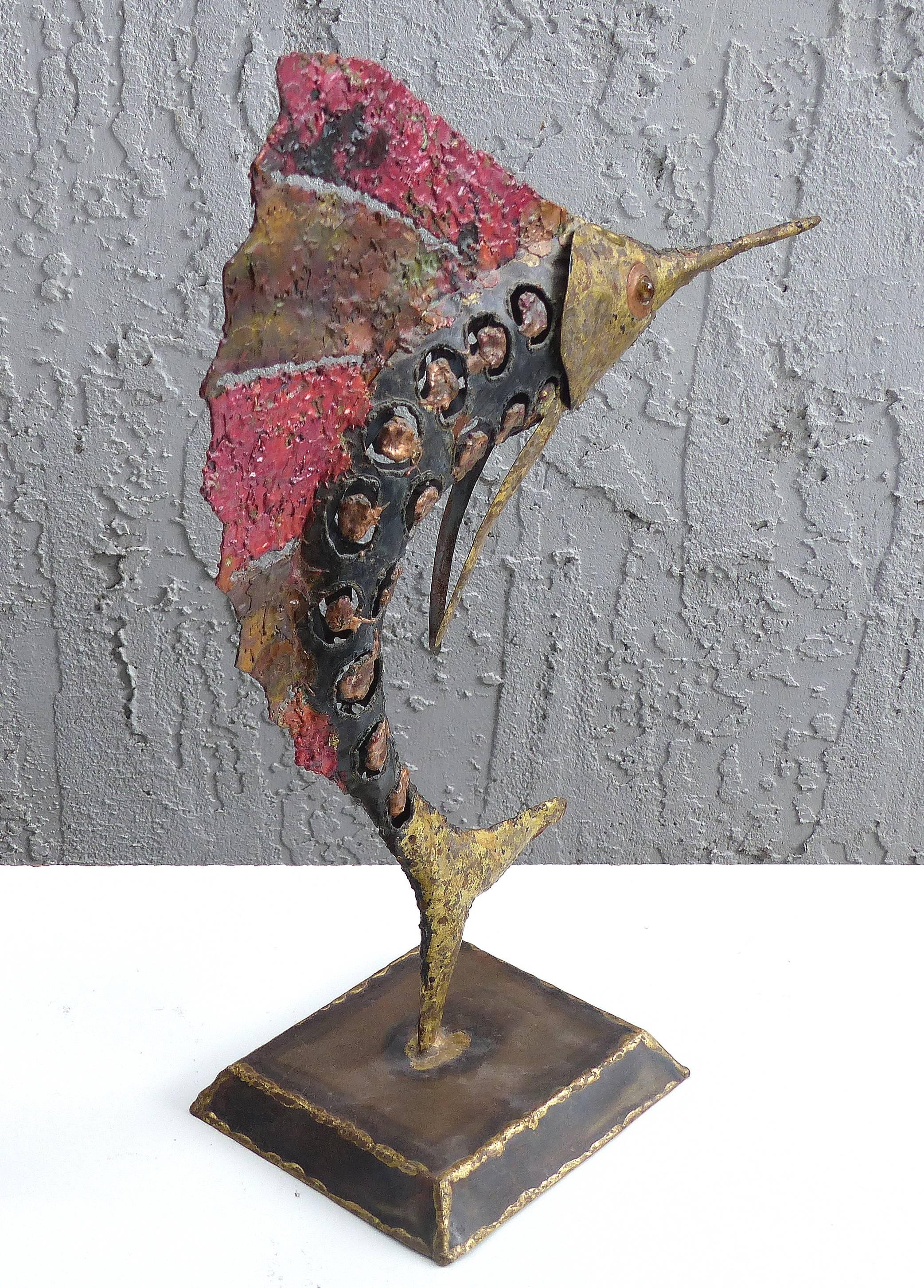 1970s Brutalist Torch-Cut Brass Sailfish and Fish Sculptures In Excellent Condition In Miami, FL