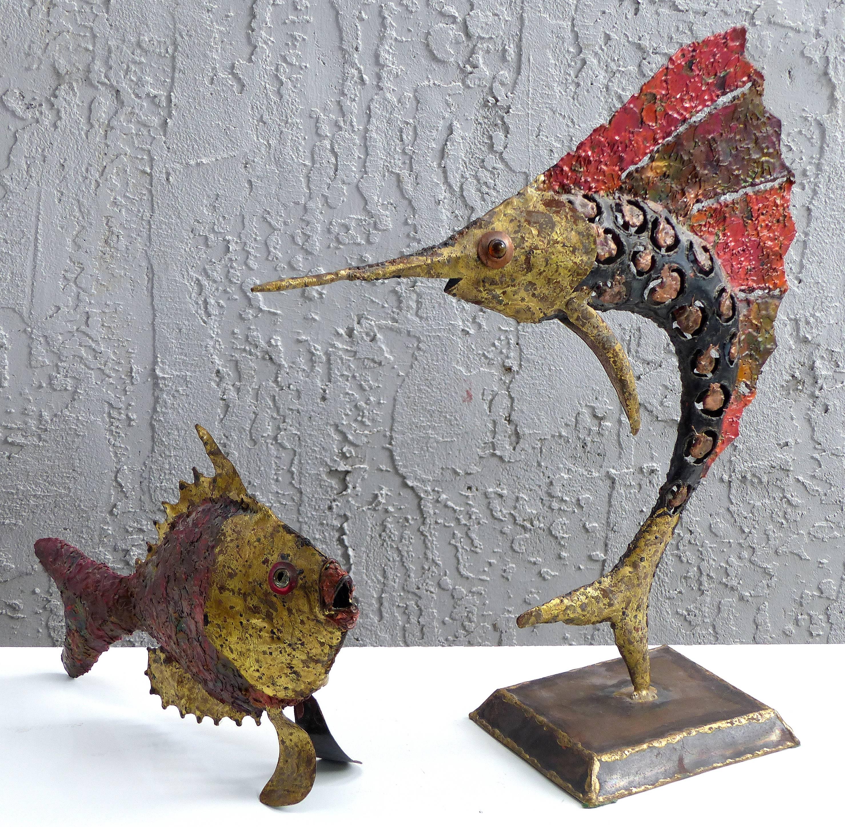 1970s Brutalist Torch-Cut Brass Sailfish and Fish Sculptures 3