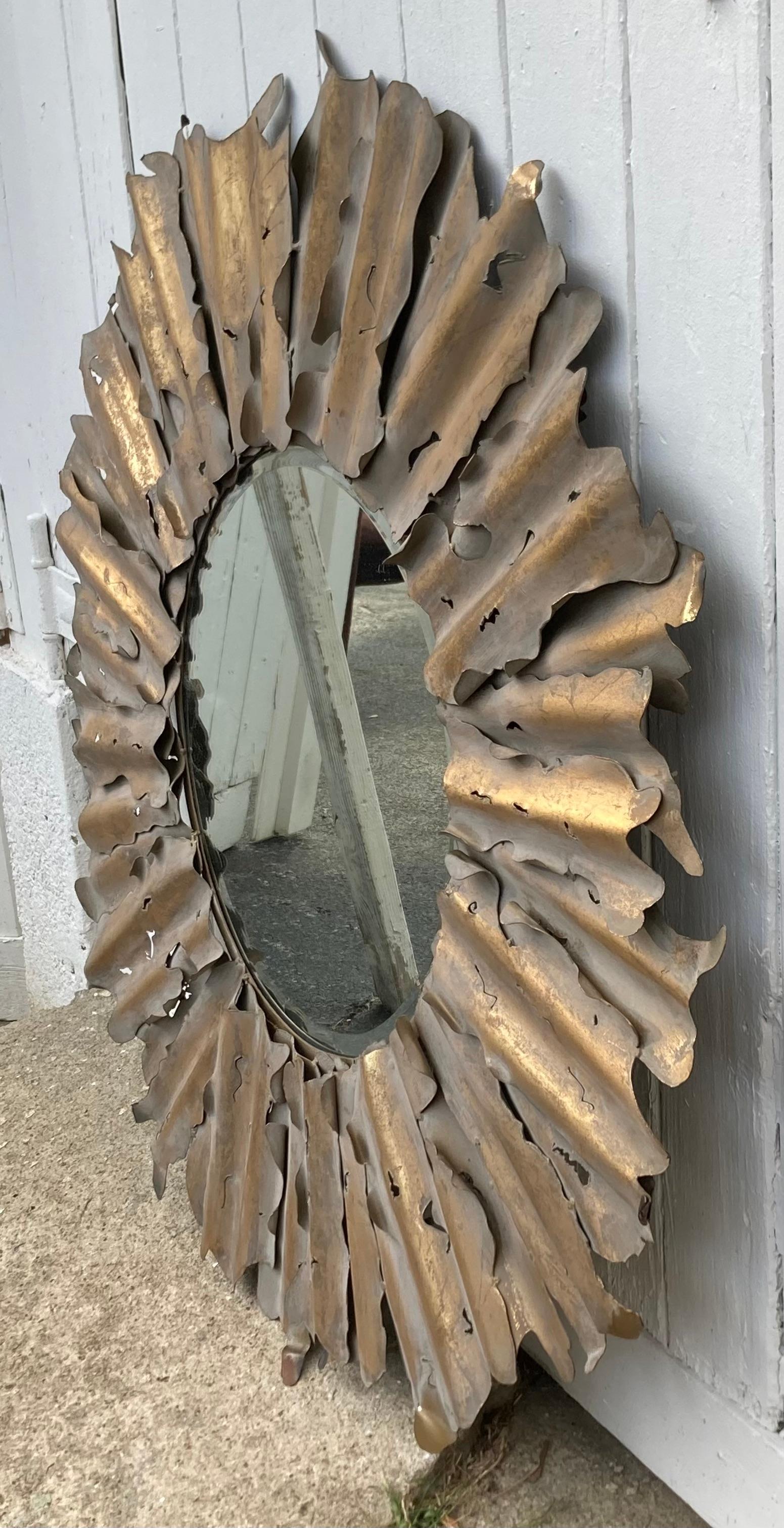 1970s Brutalist Torch Cut Steel Sunburst Mirror In Excellent Condition For Sale In Lambertville, NJ