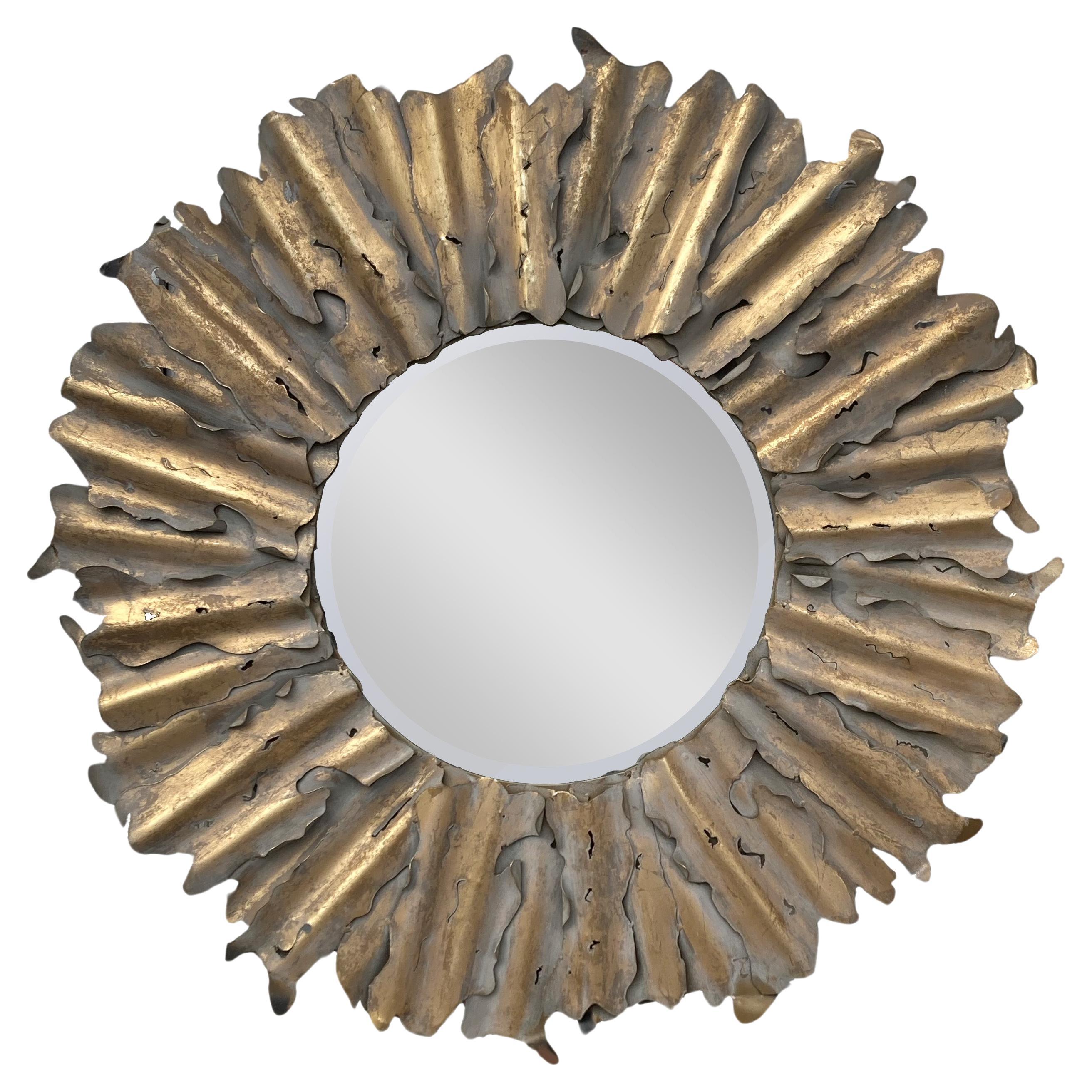 1970s Brutalist Torch Cut Steel Sunburst Mirror For Sale