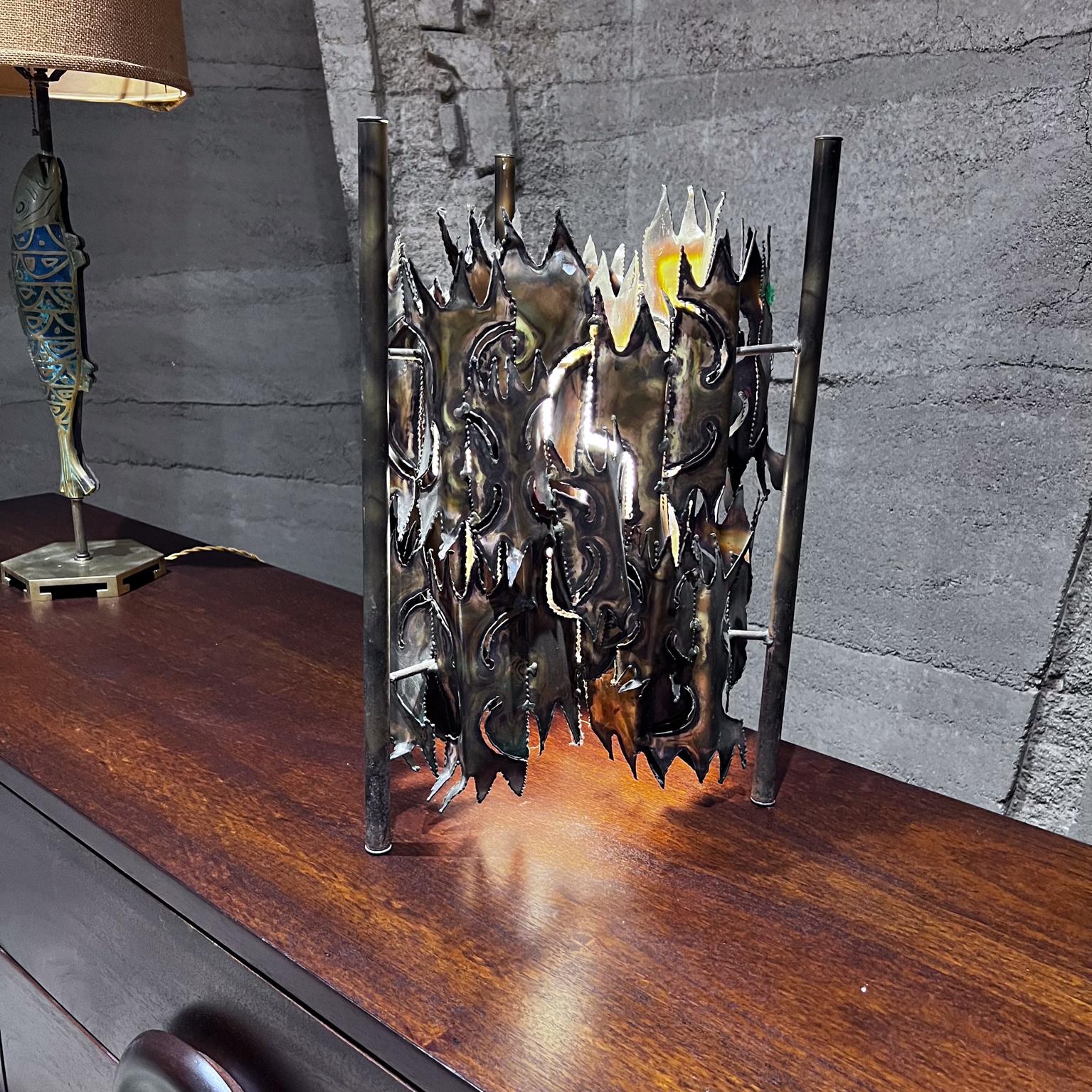 Patinated 1970s Brutalist Torch Cut Tripod Table Lamp After Tom Greene For Sale