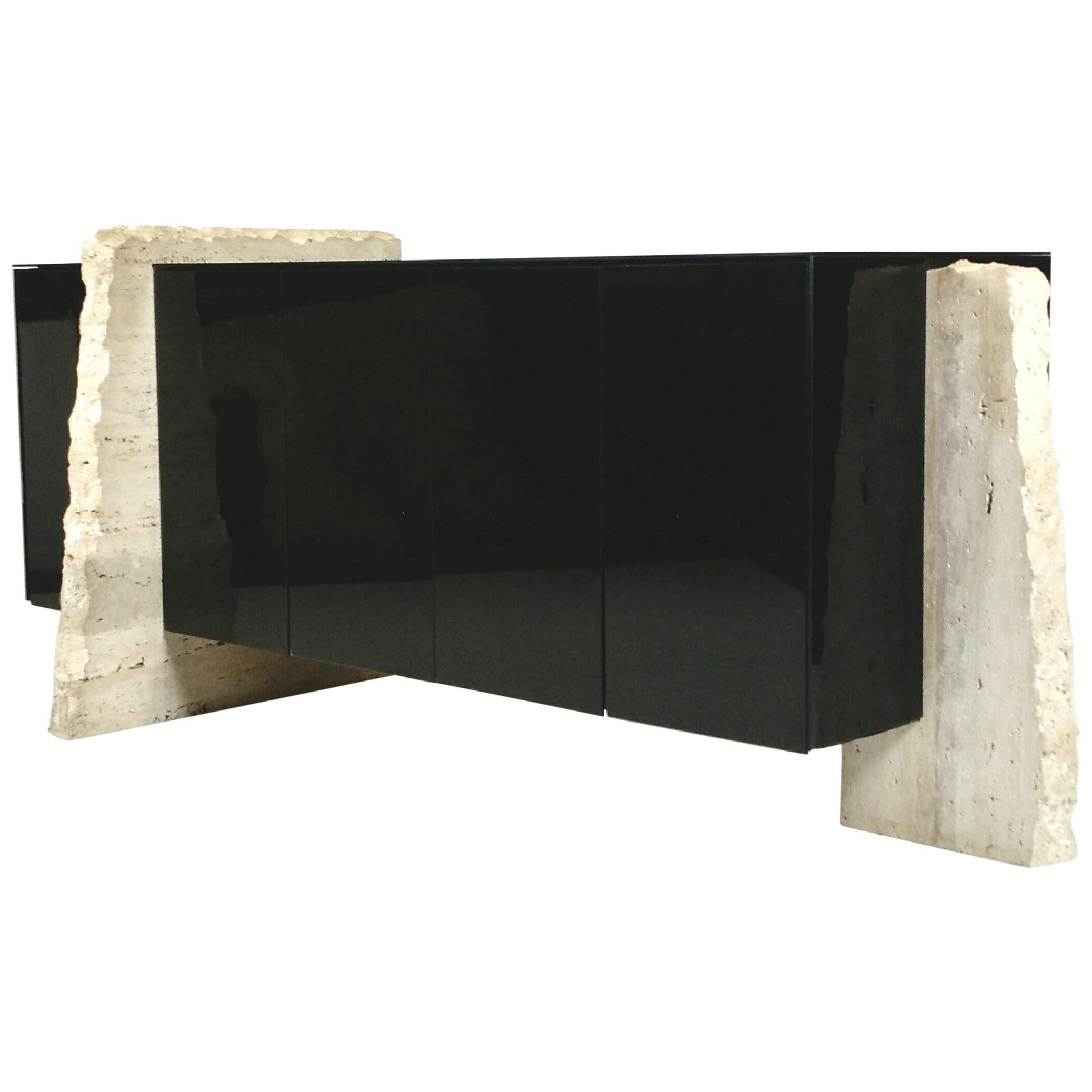 1970s Brutalist Travertine and Black Glass Credenza Cabinet