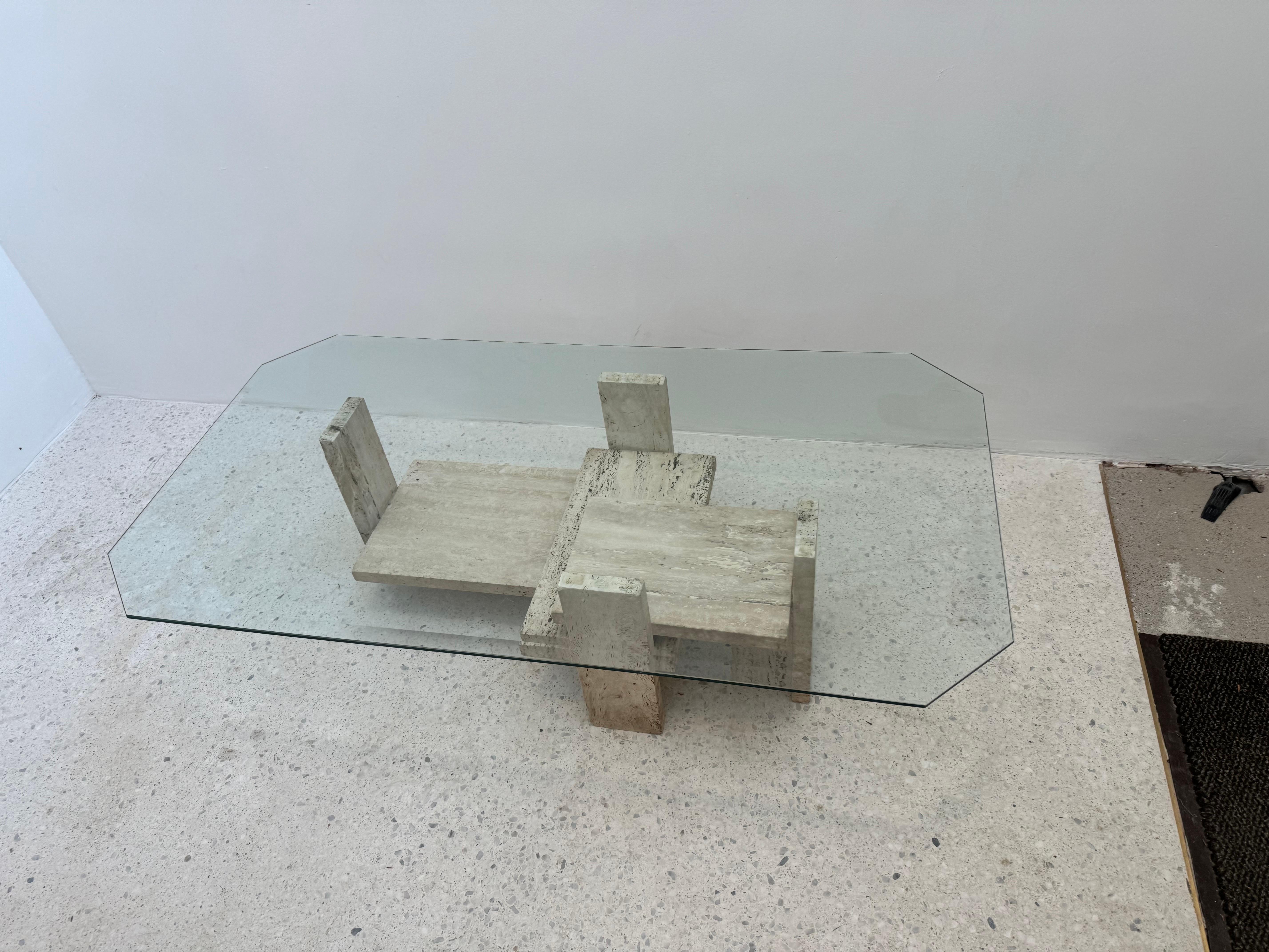 Belgian 1970s Brutalist Travertine and Glass Coffee Table by Willy Ballez, Belgium For Sale