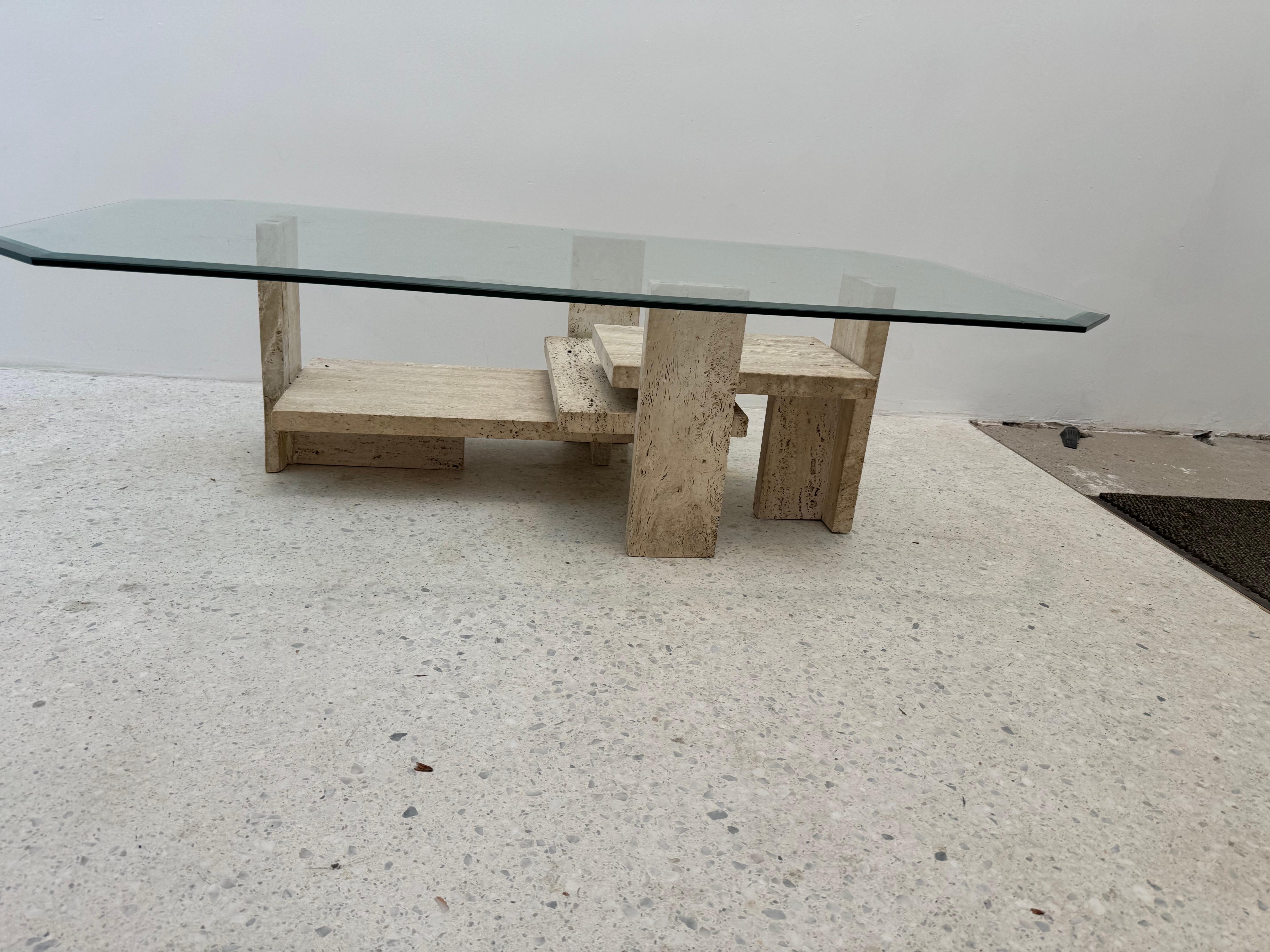 Late 20th Century 1970s Brutalist Travertine and Glass Coffee Table by Willy Ballez, Belgium For Sale