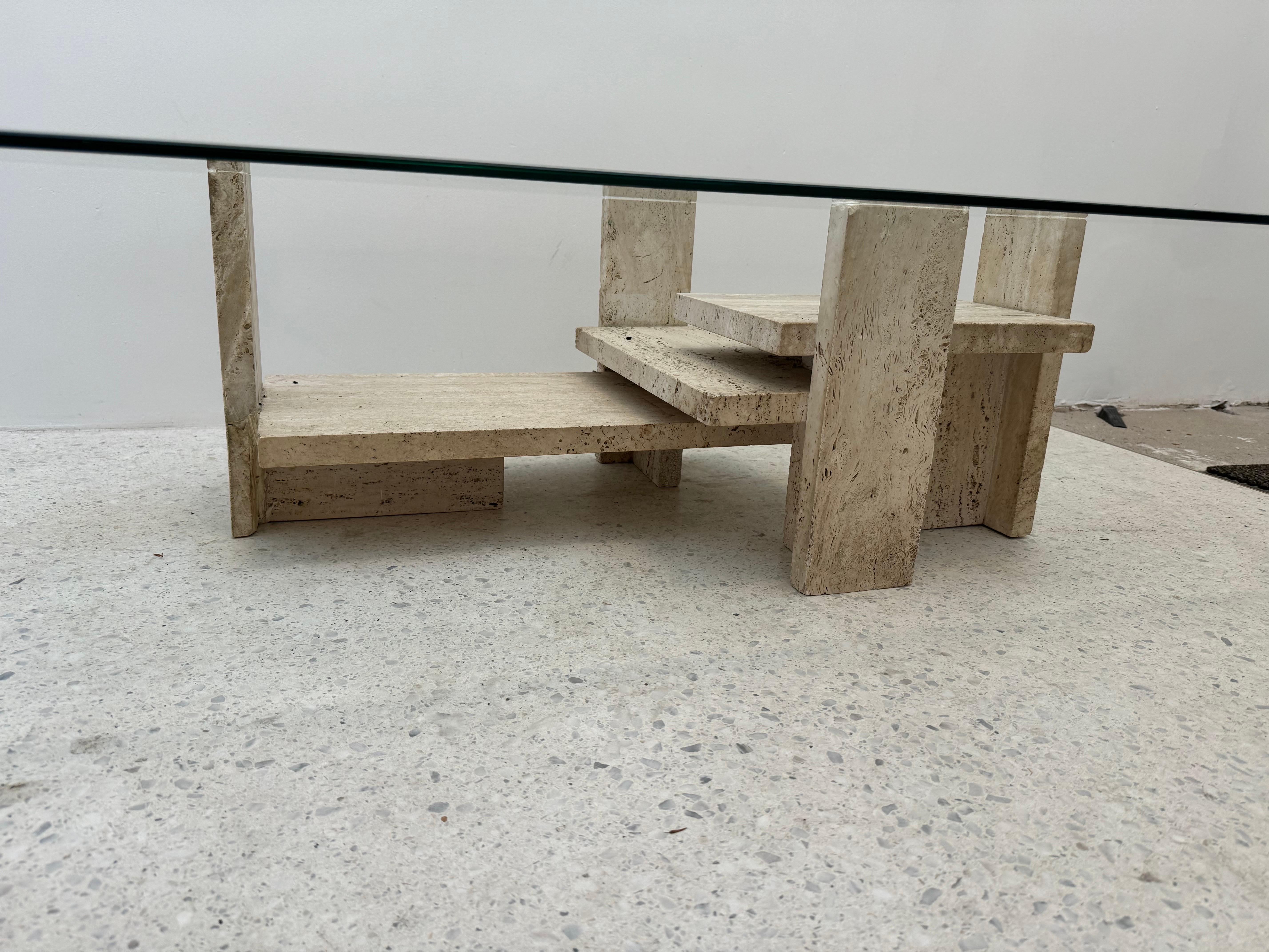 1970s Brutalist Travertine and Glass Coffee Table by Willy Ballez, Belgium For Sale 1