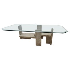 Table basse brutaliste en travertin et verre des années 1970 par Willy Ballez, Belgique
