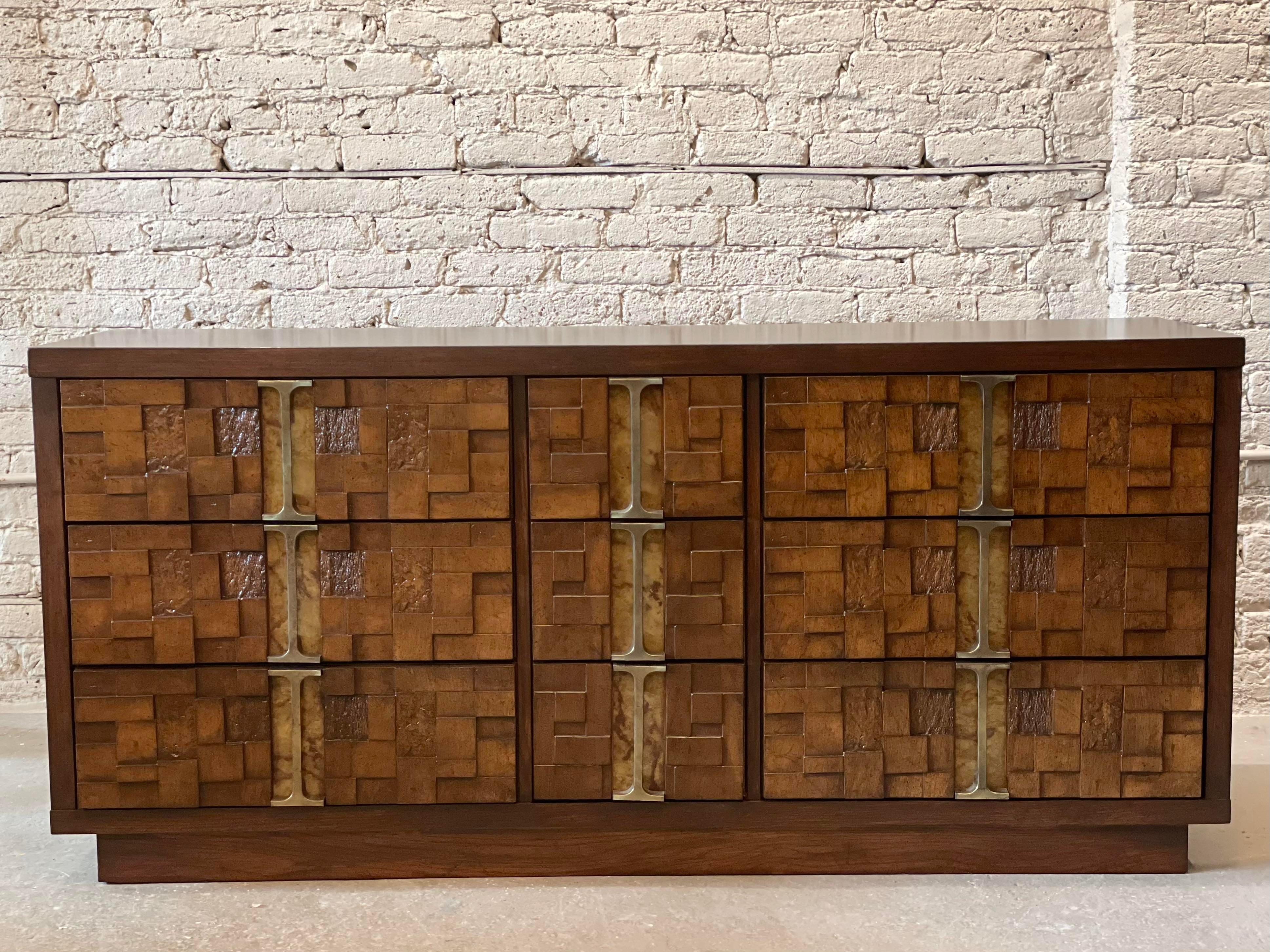 1970s Brutalist Vintage Dresser with Brass Details In Good Condition For Sale In Chicago, IL