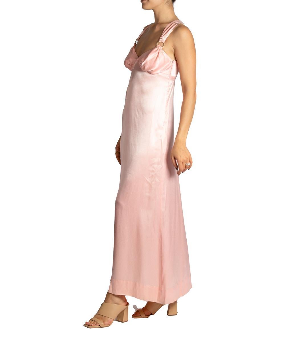 Beige 1970S Bubble Gum Pink Silk Satin Gown With Rhinestone Detail At Straps For Sale
