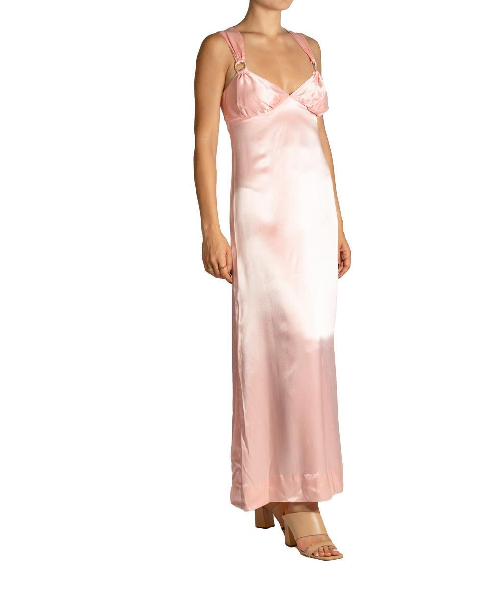 1970S Bubble Gum Pink Silk Satin Gown With Rhinestone Detail At Straps In Excellent Condition For Sale In New York, NY