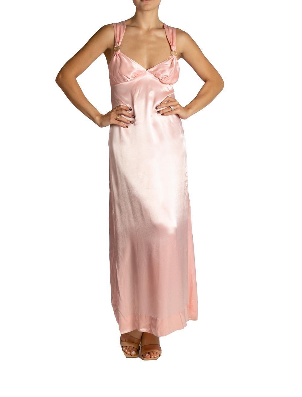 1970S Bubble Gum Pink Silk Satin Gown With Rhinestone Detail At Straps For Sale 1
