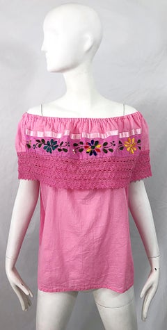 1970s Bubblegum Pink Embroidered Off - Shoulder Cotton Vintage Trapeze Top Shirt