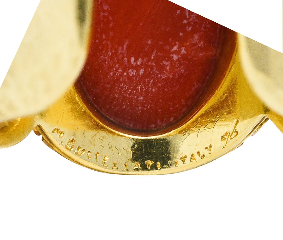 1970's Buccellati Coral Cabochon 18 Karat Yellow Gold Italian Gemstone Ring 2