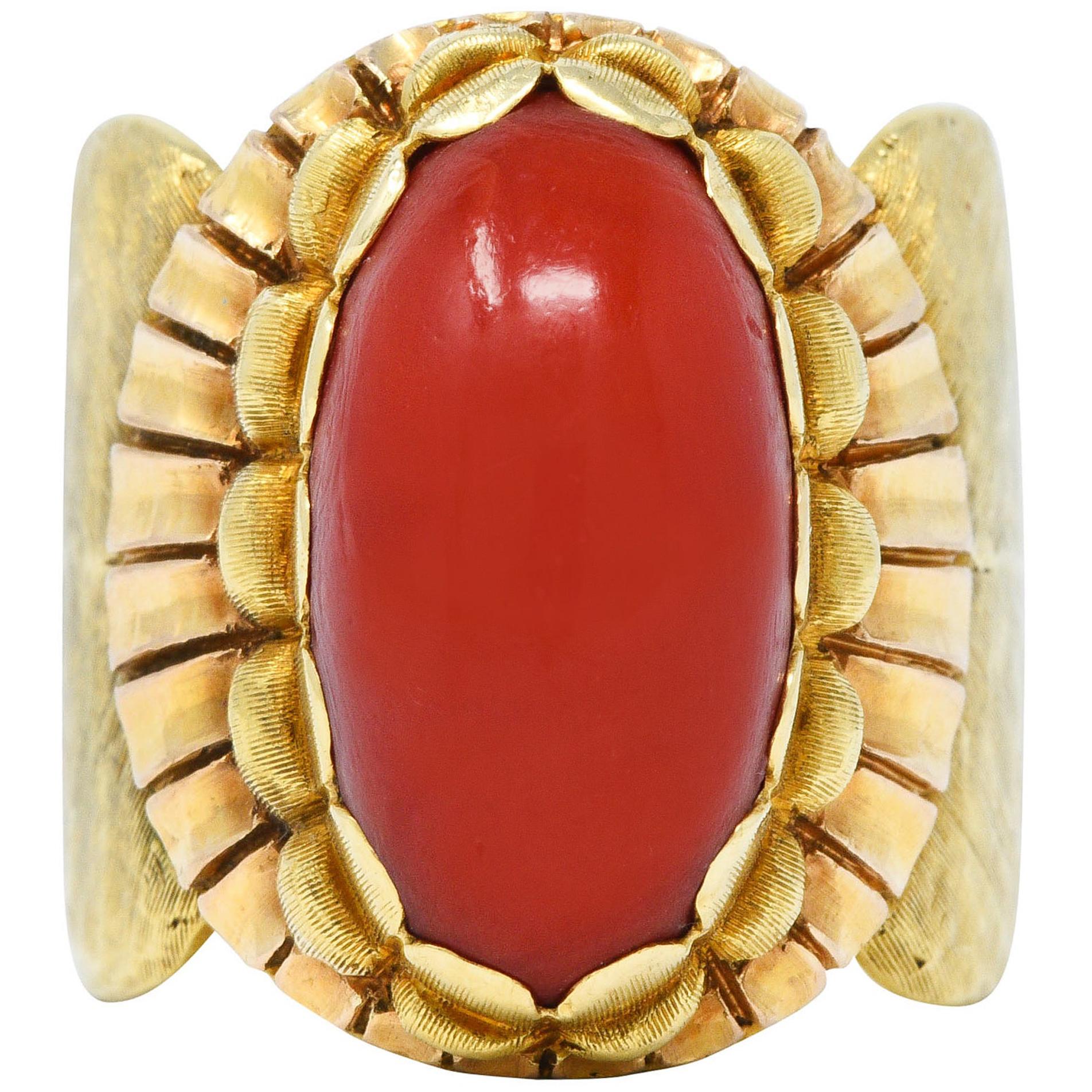 1970's Buccellati Coral Cabochon 18 Karat Yellow Gold Italian Gemstone Ring