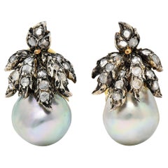 1970's Buccellati Diamond Baroque Pearl Silver-Topped 18 Karat Gold Earrings