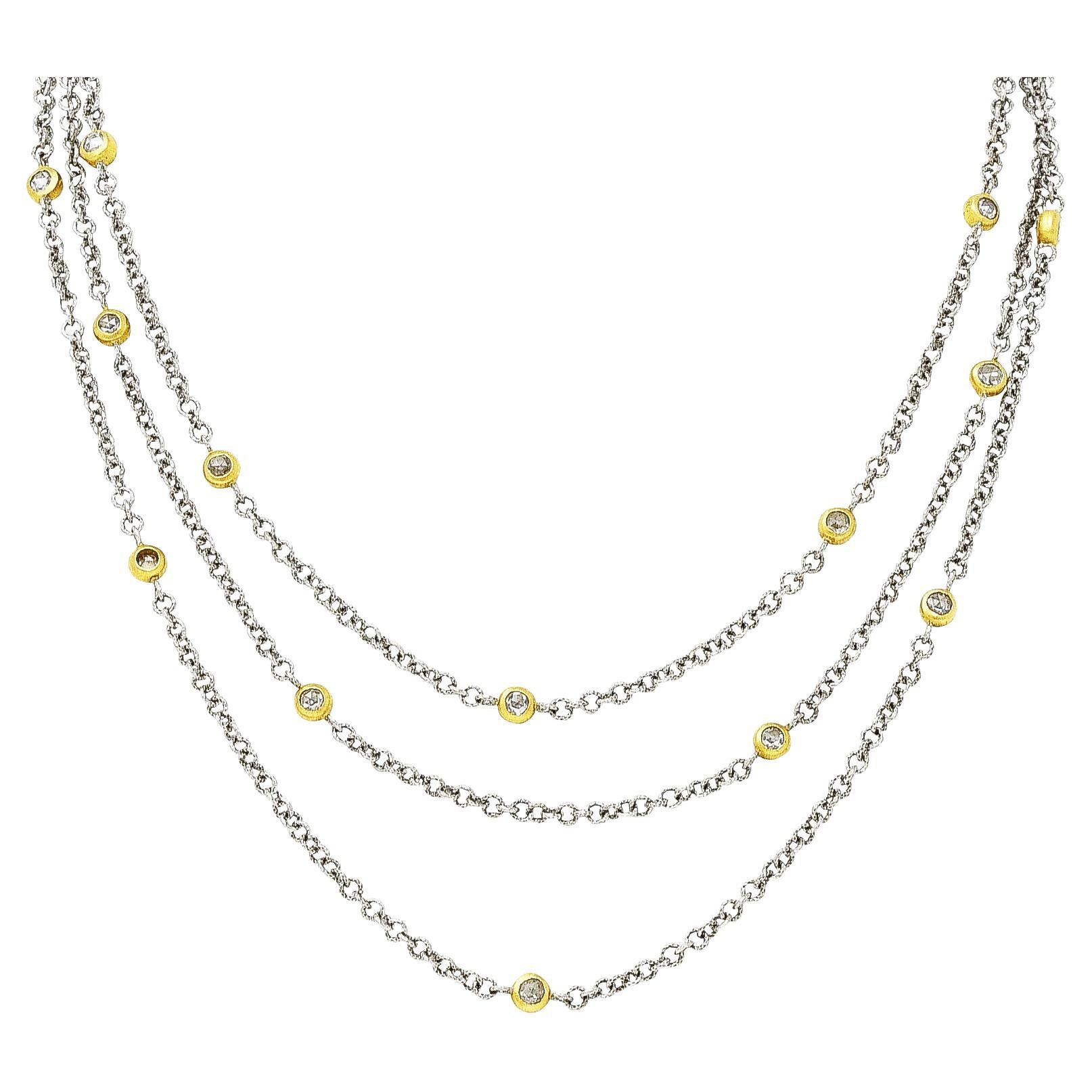 1970's Buccellati Rose Cut Diamond 18 Karat Two-Tone Gold Multi-Strand Chain