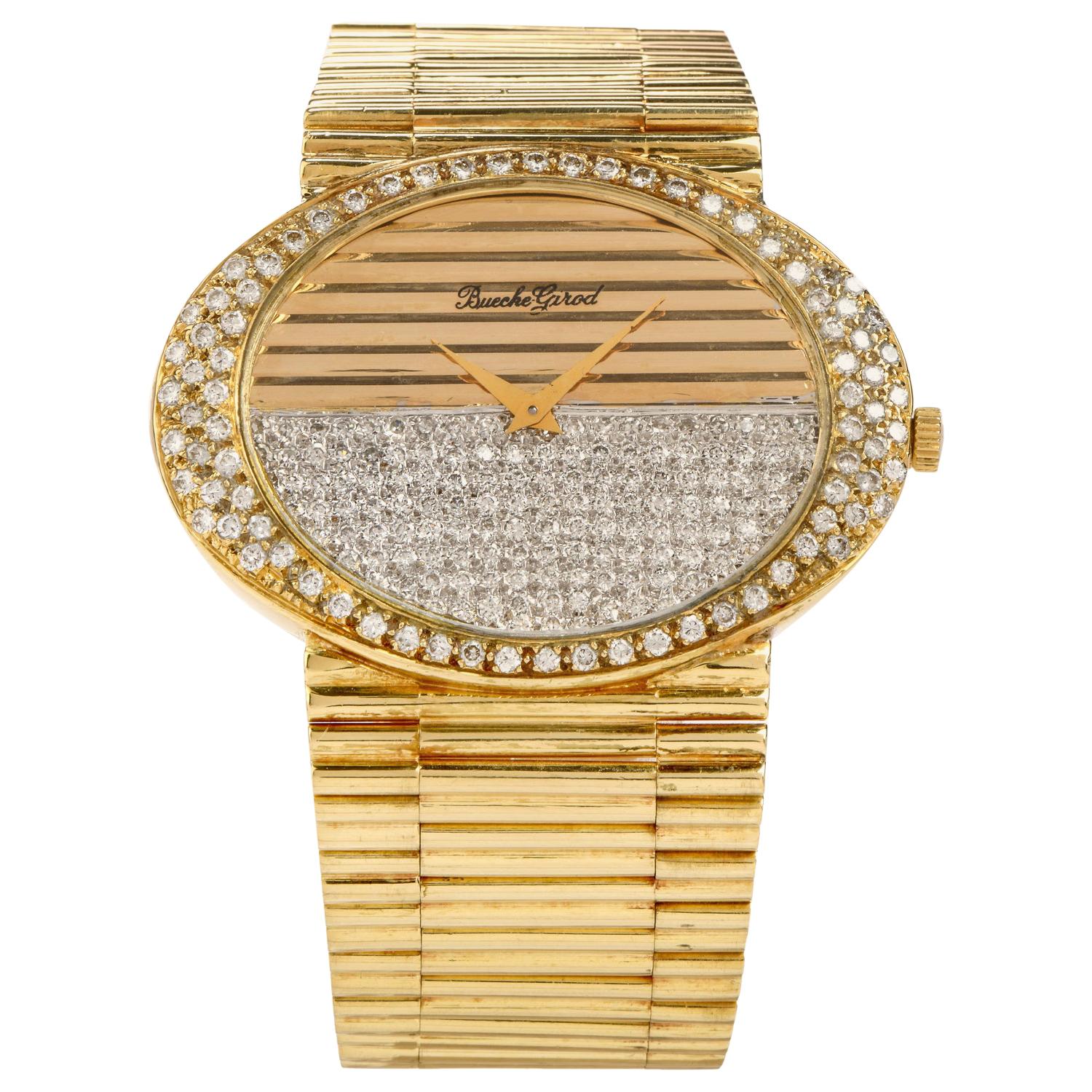 1970s Bueche Girod Diamond 18 Karat Gold Ref YG1200 Mechanical Watch