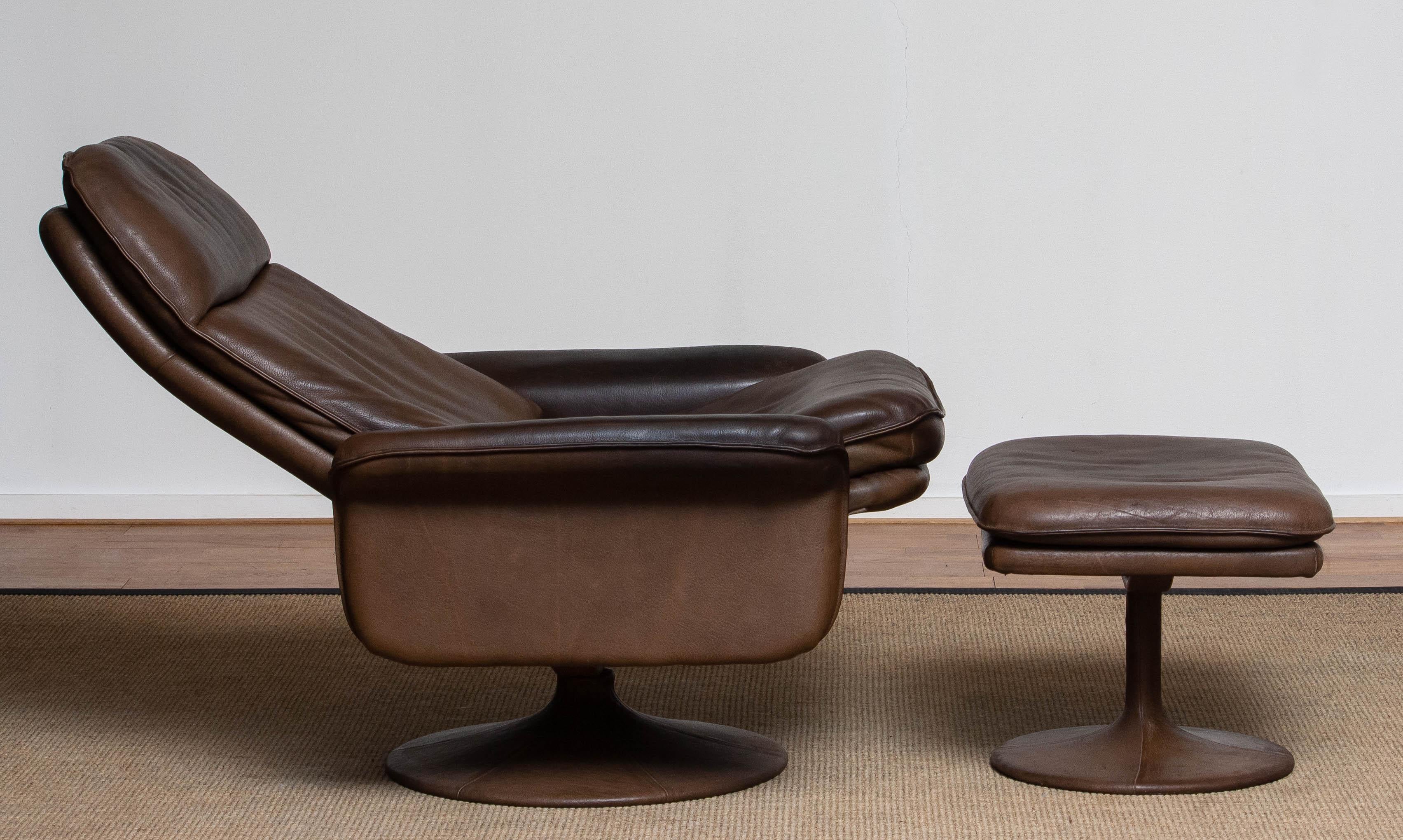 1970's Buffalo Leather Swivel and Relax Chair with Matching Ottoman by De Sede 9