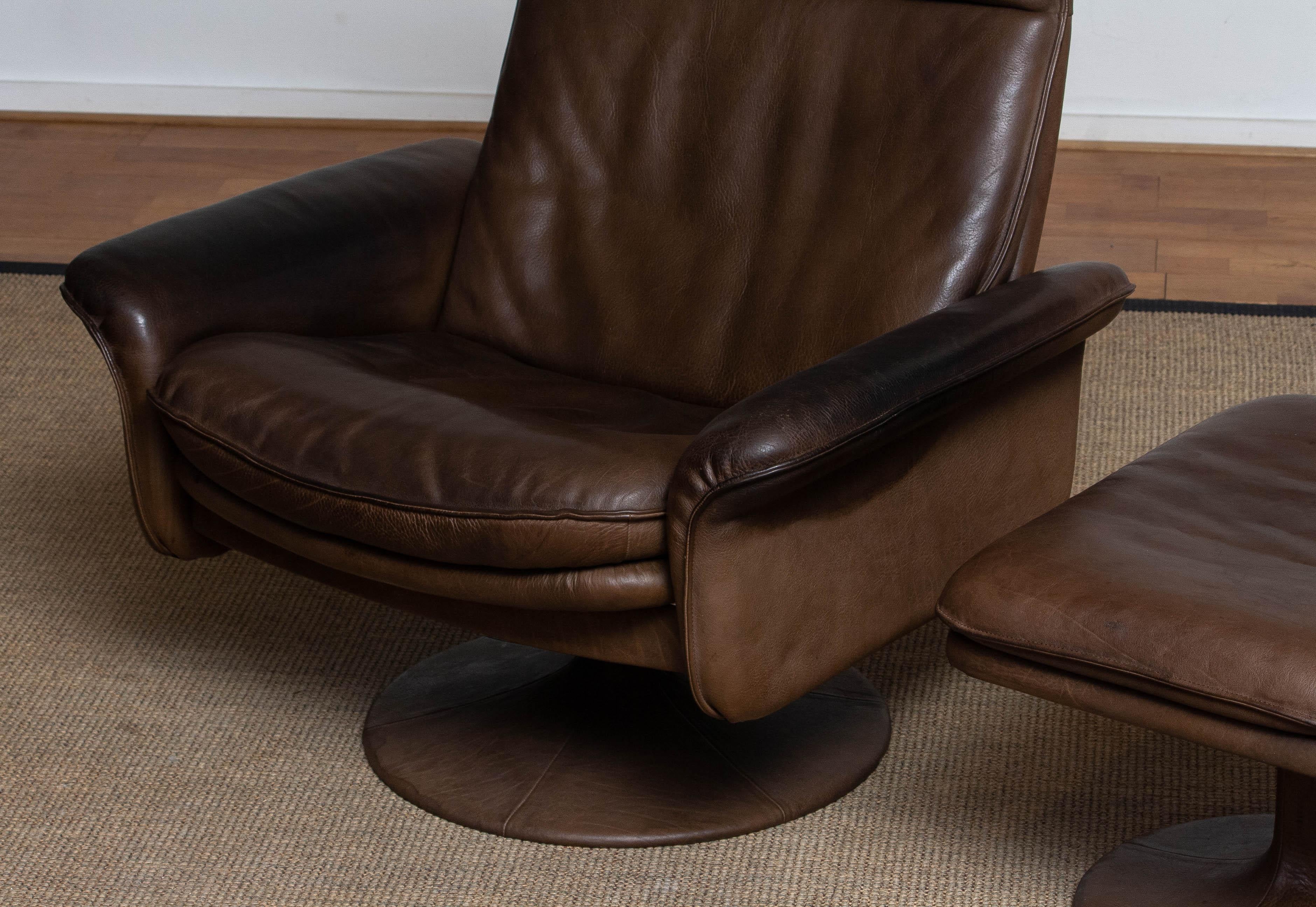 1970's Buffalo Leather Swivel and Relax Chair with Matching Ottoman by De Sede 1
