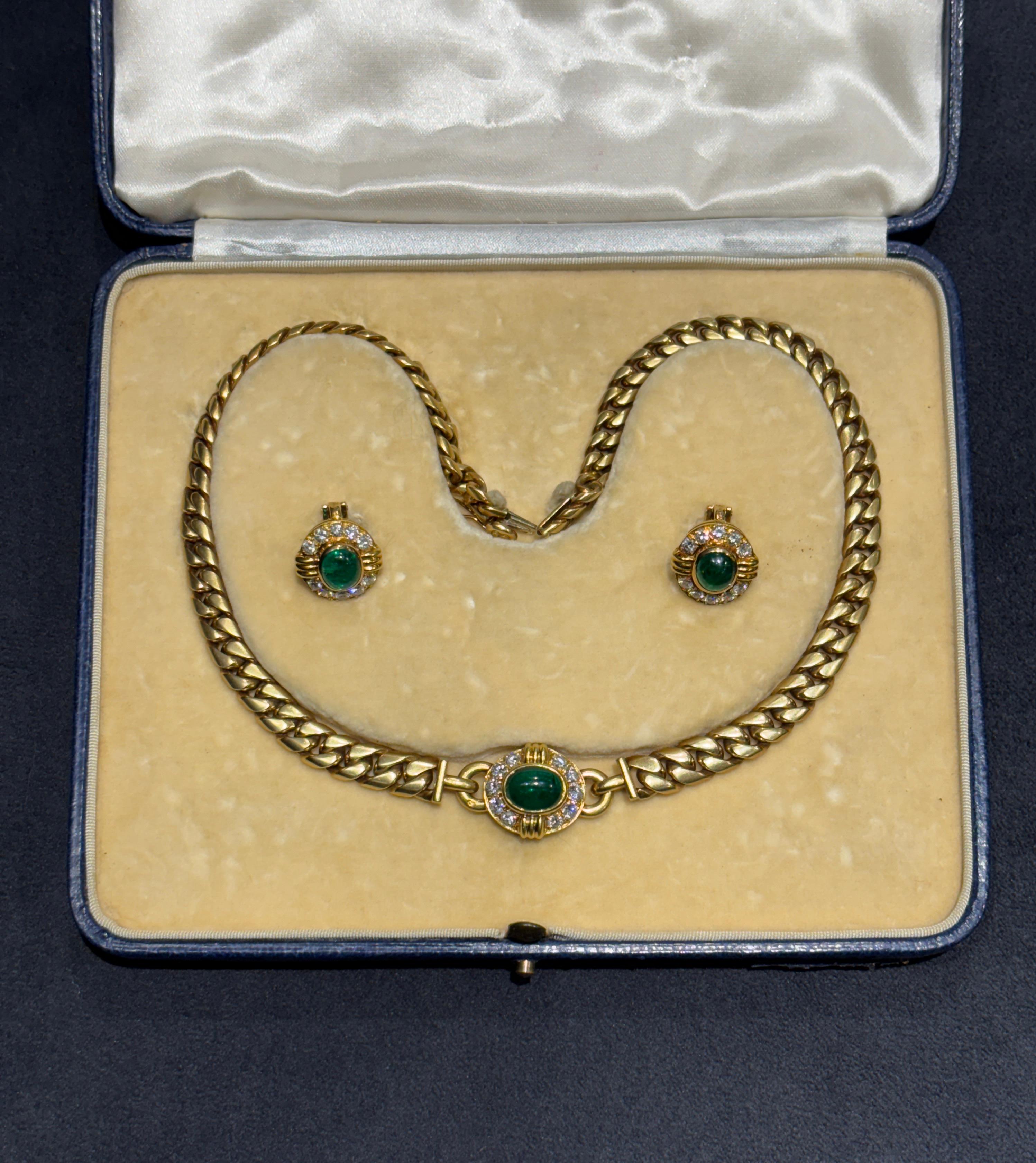 1970s Bulgari 18k gold and emerald necklace and earring set 1