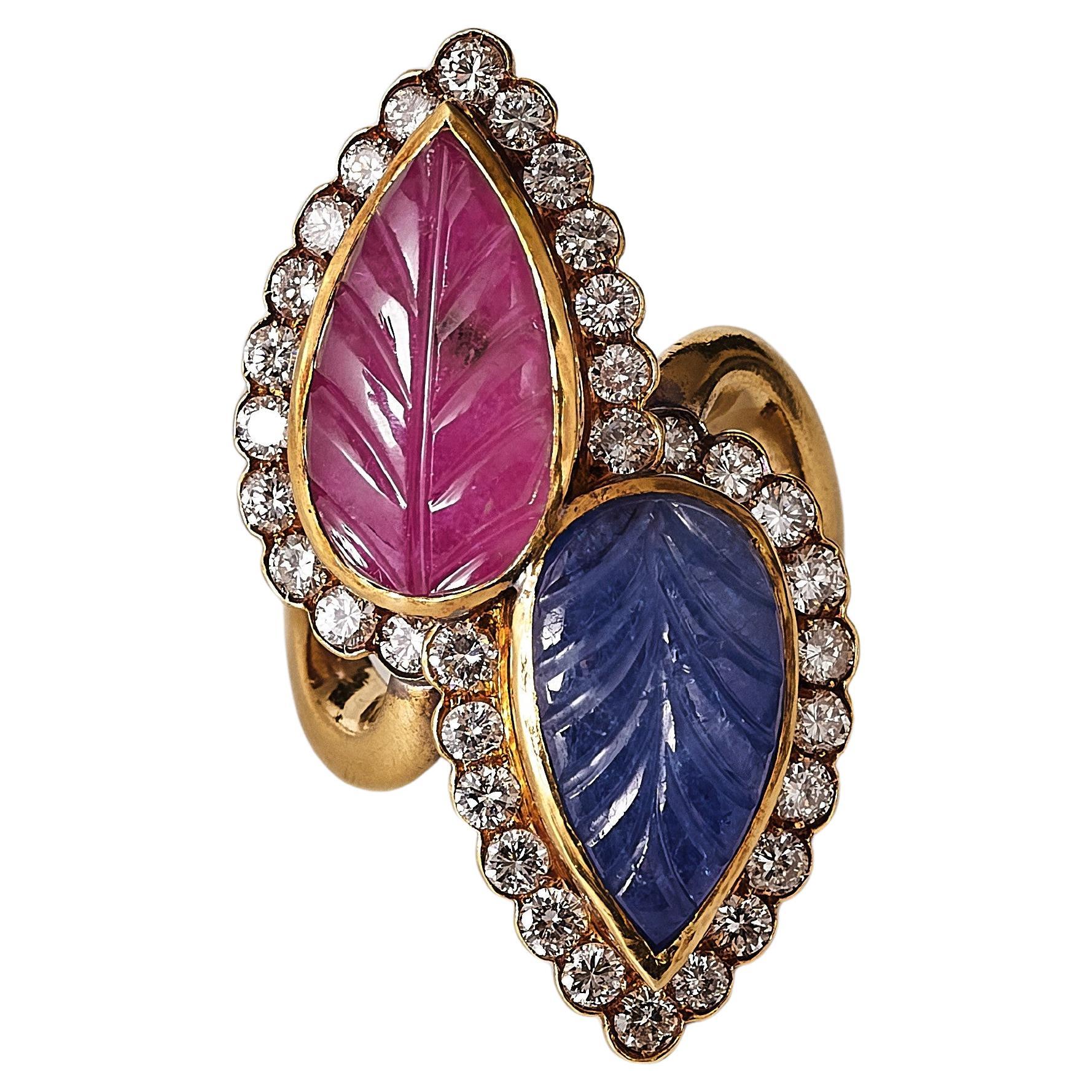 1970s Bulgari Carved 8.95ct Ruby and 6.94ct Sapphire, Diamond Cocktail Ring.