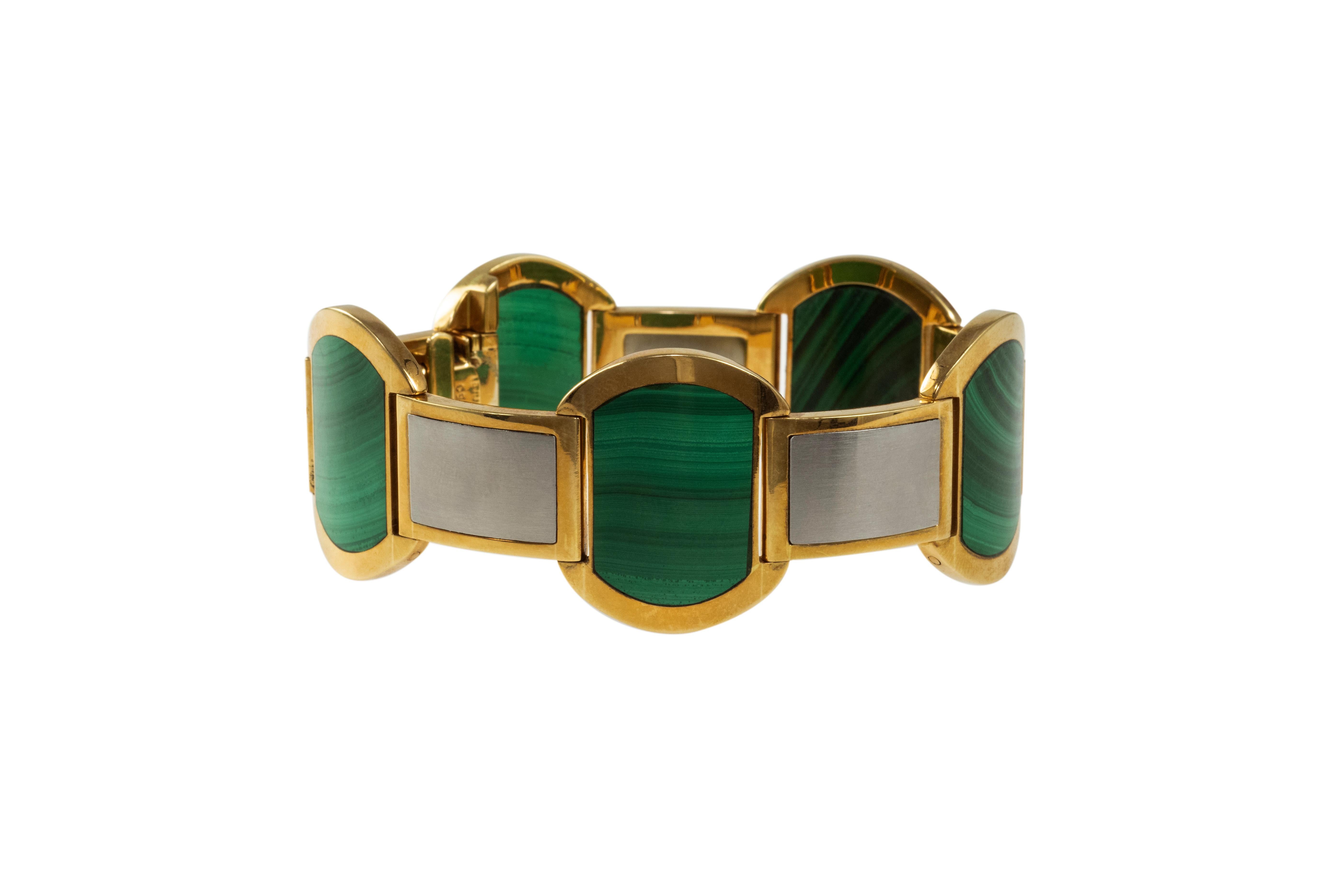 A rarely available malachite and 18 karat yellow gold and white gold bracelet, by Bulgari  c. 1970. 
The bracelet is stamped 750 and weighs 101.61 grams. It measures 7