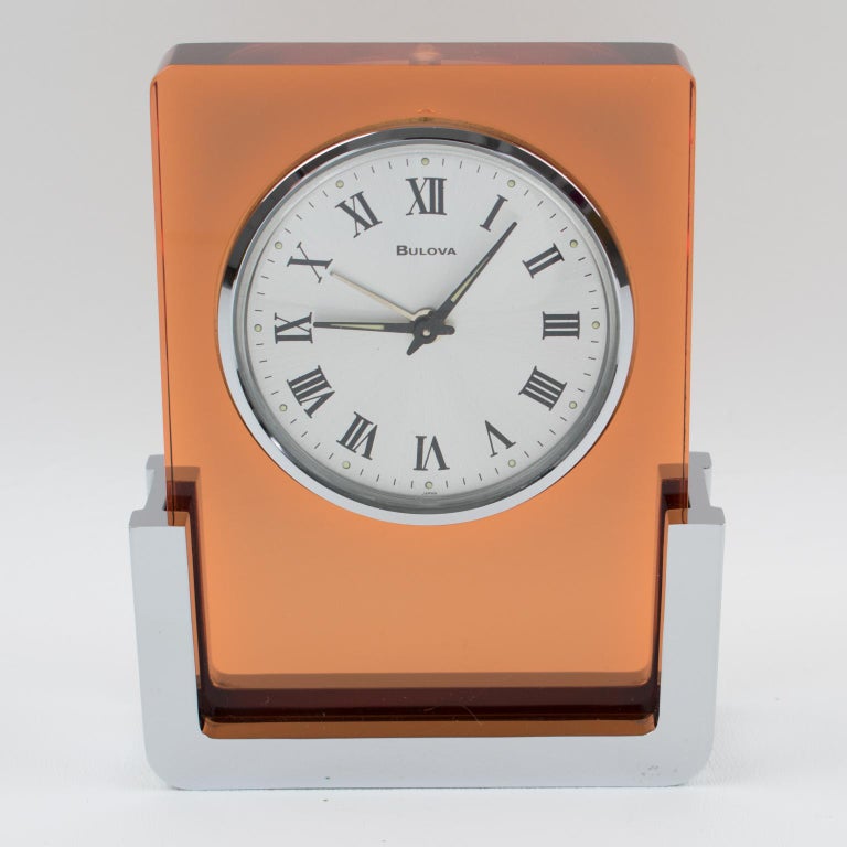 1970s Bulova Japan 2RA007 Wind Up Alarm Table Clock Copper Lucite and