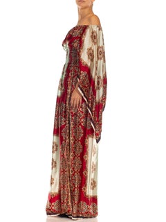 1970S Burgundy & Aqua Acetate Smocked Waist Scarf Dress