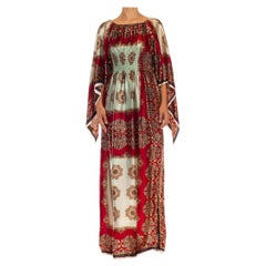 Vintage 1970S Burgundy & Aqua Acetate Smocked Waist Scarf Dress