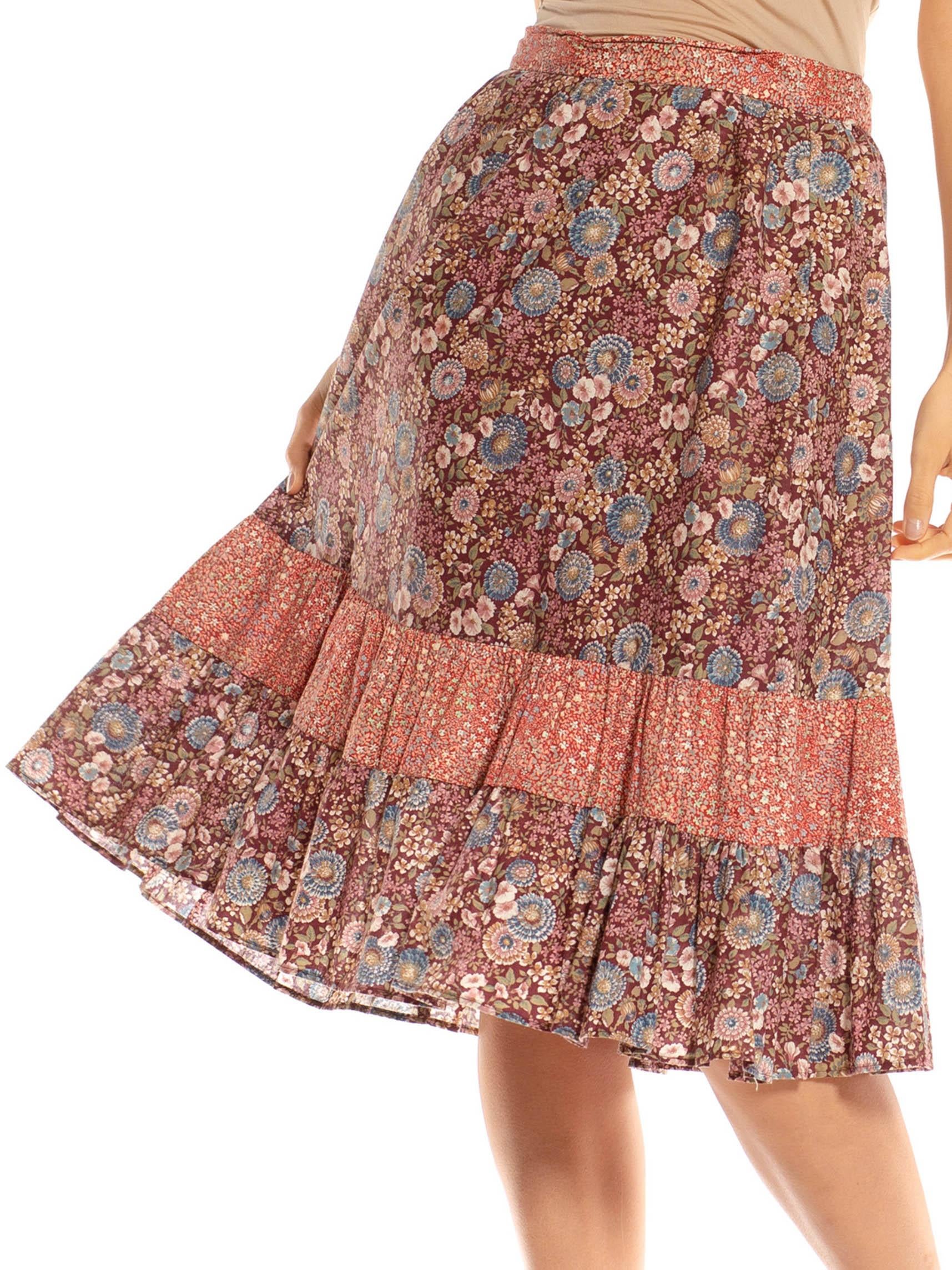 Red 1970S Burgundy & Dusty Pink Cotton Ditsy Floral Print Mix Skirt For Sale