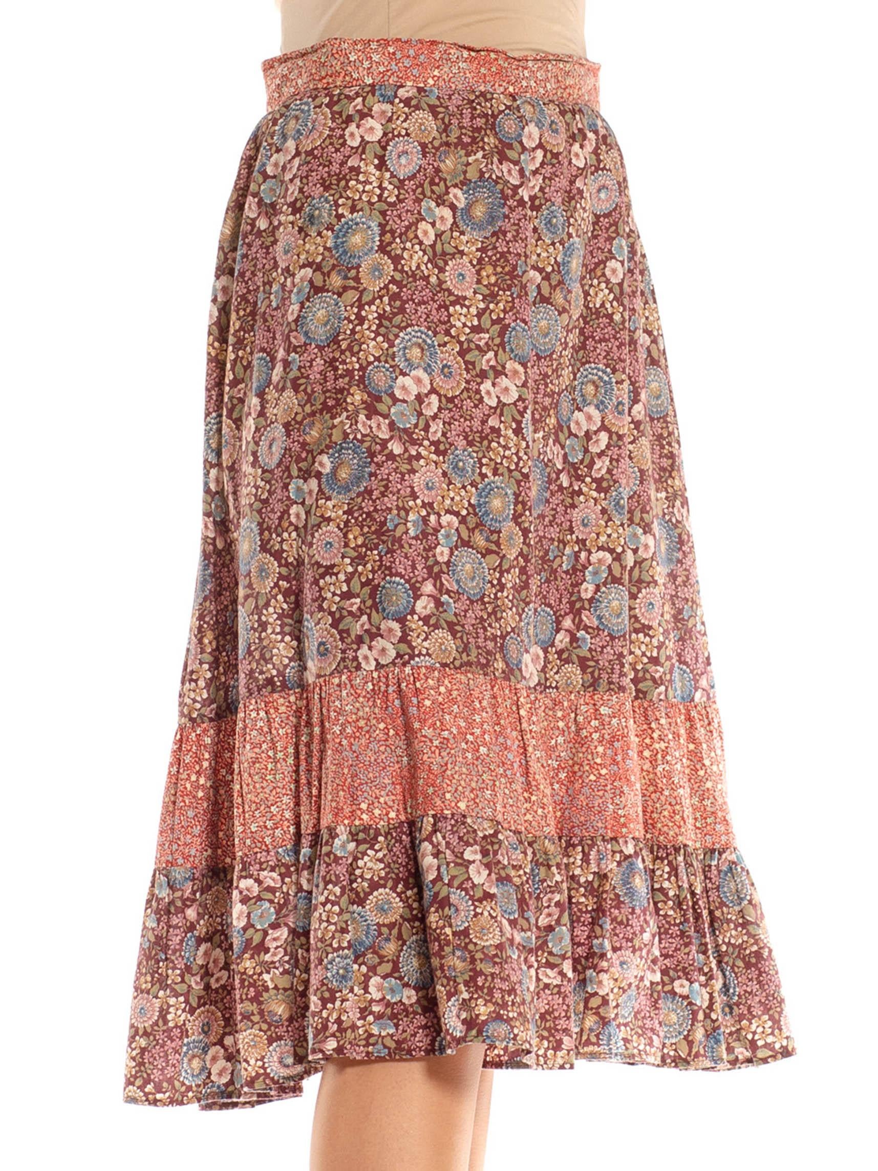 1970S Burgundy & Dusty Pink Cotton Ditsy Floral Print Mix Skirt In Excellent Condition For Sale In New York, NY
