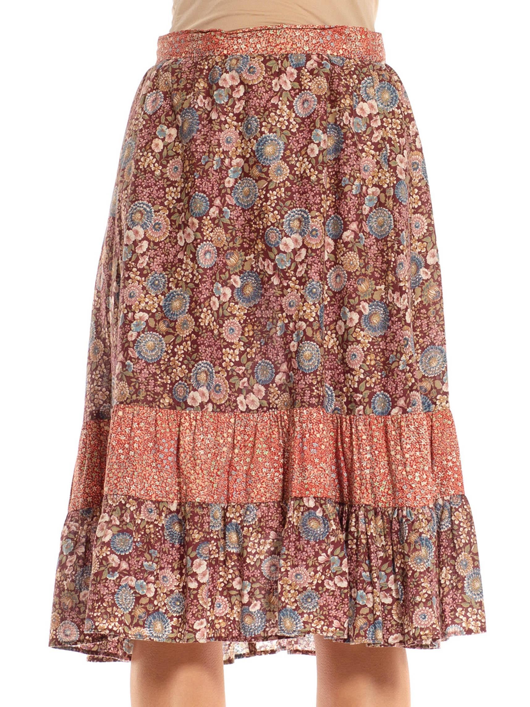Women's 1970S Burgundy & Dusty Pink Cotton Ditsy Floral Print Mix Skirt For Sale